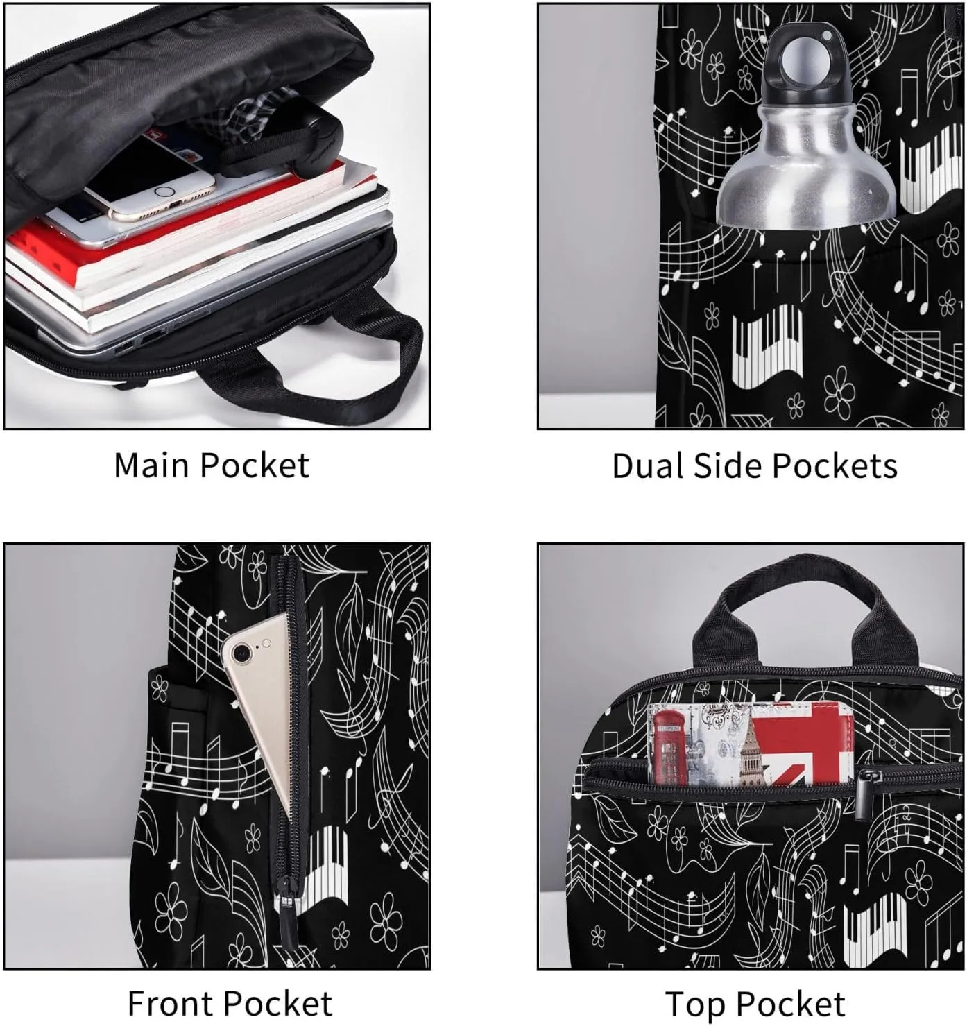 Music Note Flowers Casual Backpacks Large Capacity Laptop Backpack Sports Rucksack Travel Daypack Adjustable Shoulder Strap Work Bag for Outdoor Camping