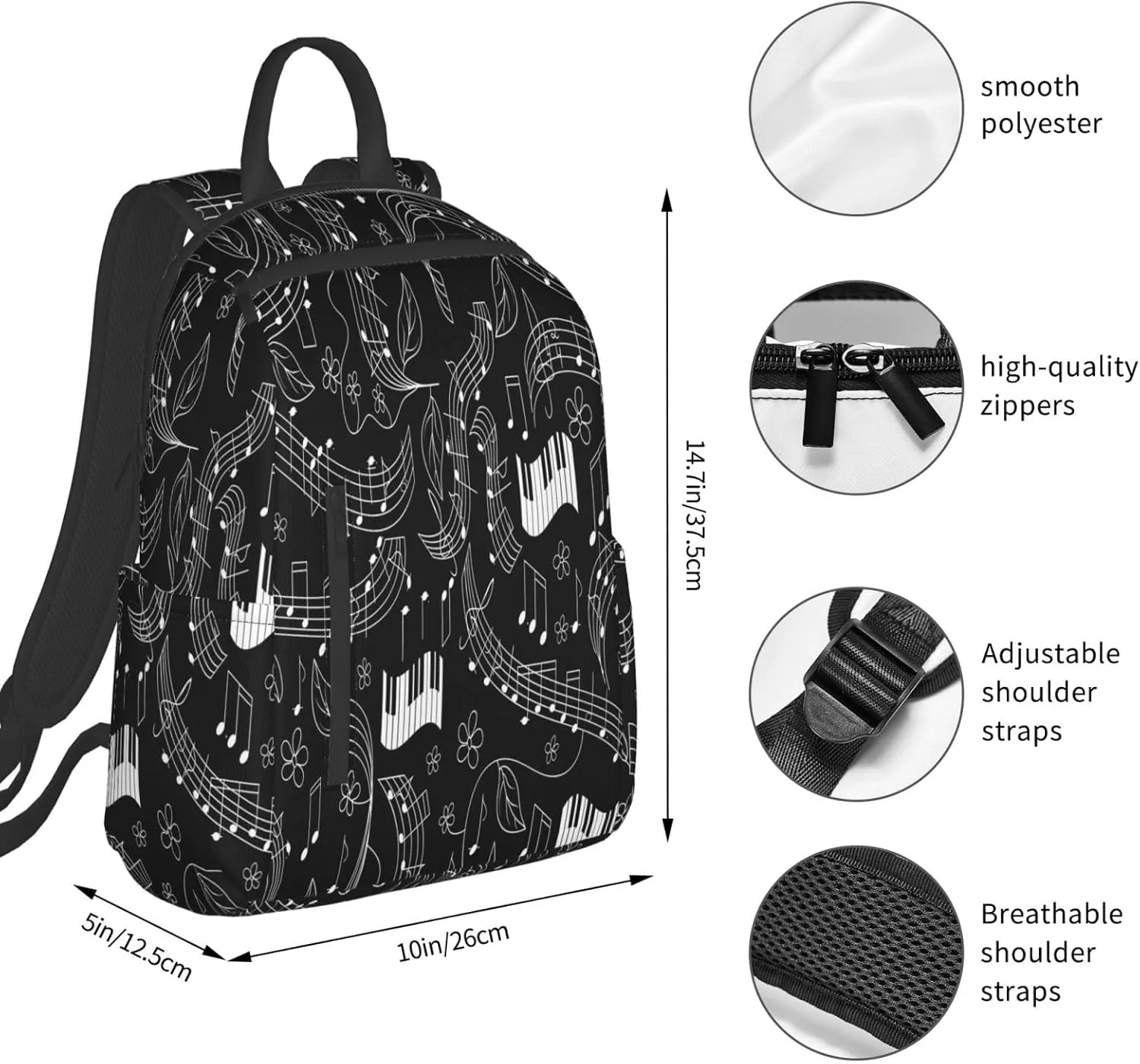 Music Note Flowers Casual Backpacks Large Capacity Laptop Backpack Sports Rucksack Travel Daypack Adjustable Shoulder Strap Work Bag for Outdoor Camping
