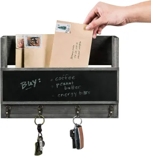 MyGift Mail and Key Holder for Wall, Rustic Vintage Gray Wood Organizer Rack with 4 Hooks and Chalkboard Label