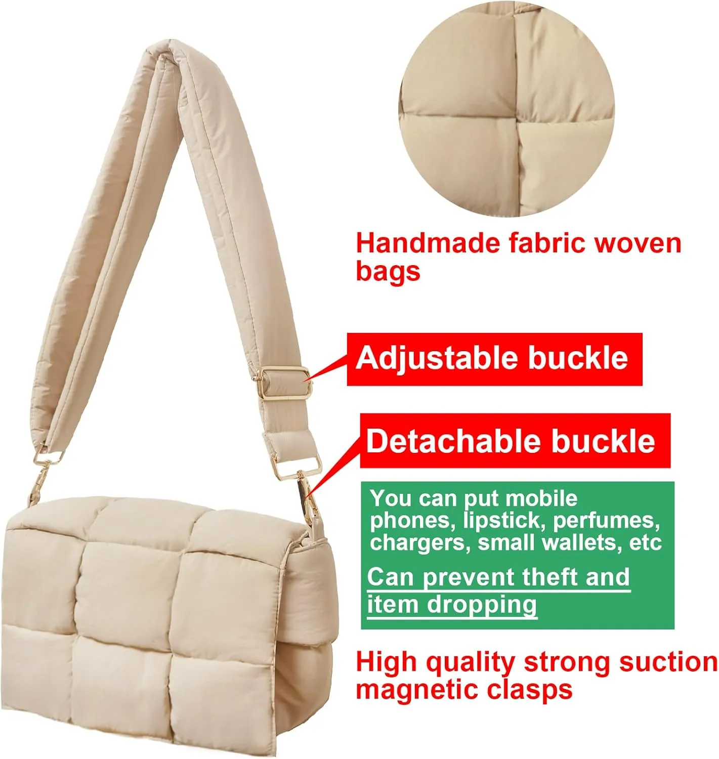 NAARIIAN Shoulder bags for women, Light-weight small puffer purses waterproof, hand-woven puffy bag crossbody handbag