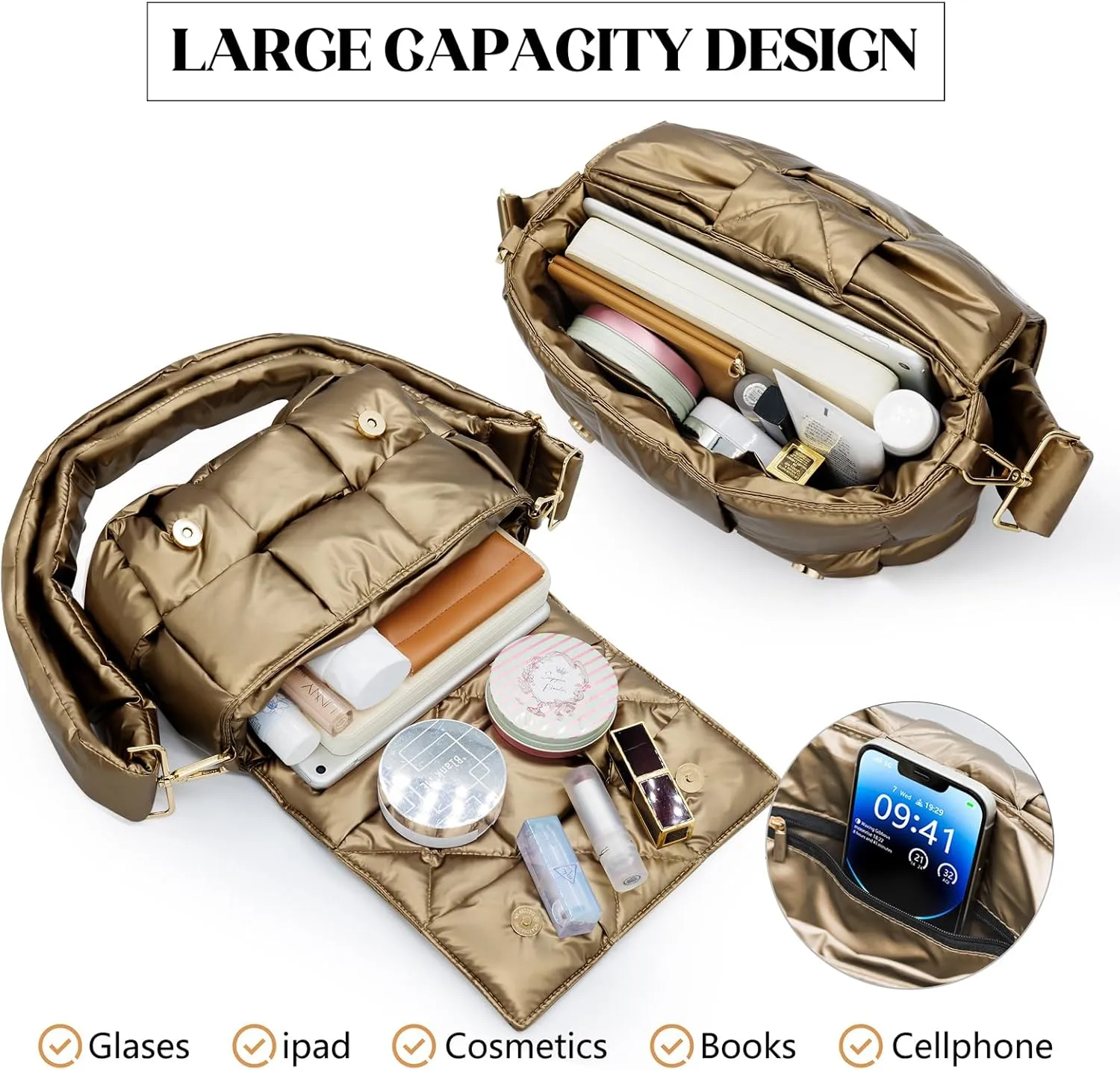 NAARIIAN Shoulder bags for women, Light-weight small puffer purses waterproof, hand-woven puffy bag crossbody handbag