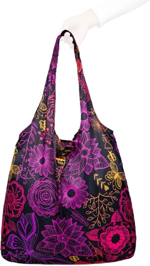 Nanobag Ultra-Lightweight Standard Tote Bag | Perfect for Travel, Shopping & Daily Use | Reusable - Tiny - Eco-Friendly (Standard, Neon Flowers)