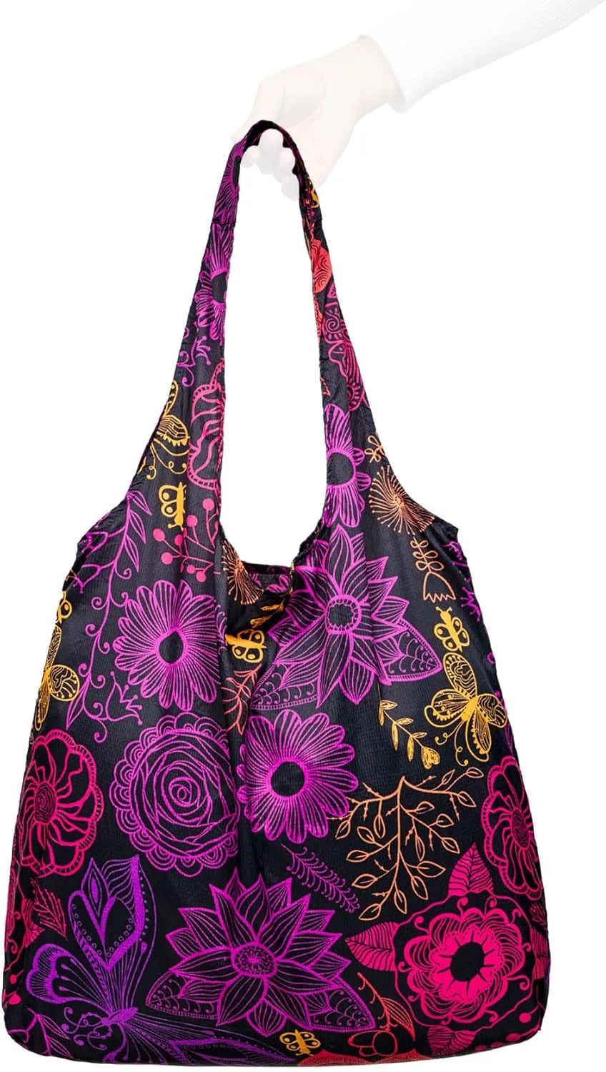 Nanobag Ultra-Lightweight Standard Tote Bag | Perfect for Travel, Shopping & Daily Use | Reusable - Tiny - Eco-Friendly (Standard, Neon Flowers)