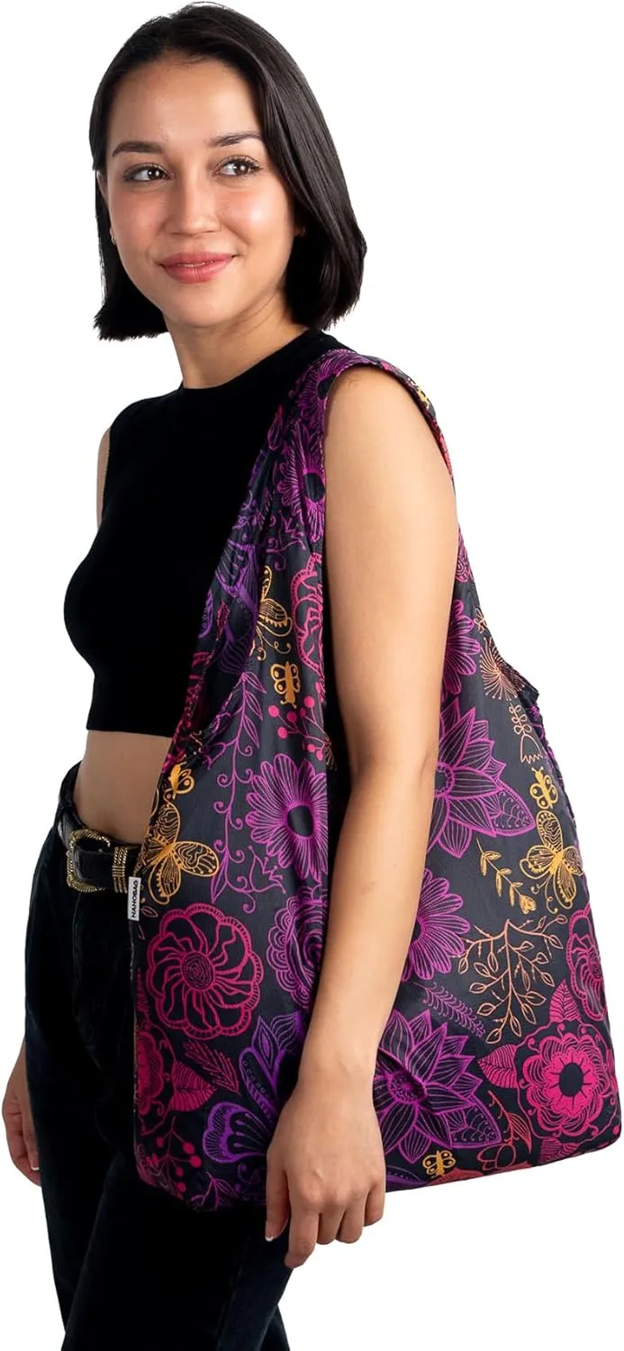 Nanobag Ultra-Lightweight Standard Tote Bag | Perfect for Travel, Shopping & Daily Use | Reusable - Tiny - Eco-Friendly (Standard, Neon Flowers)