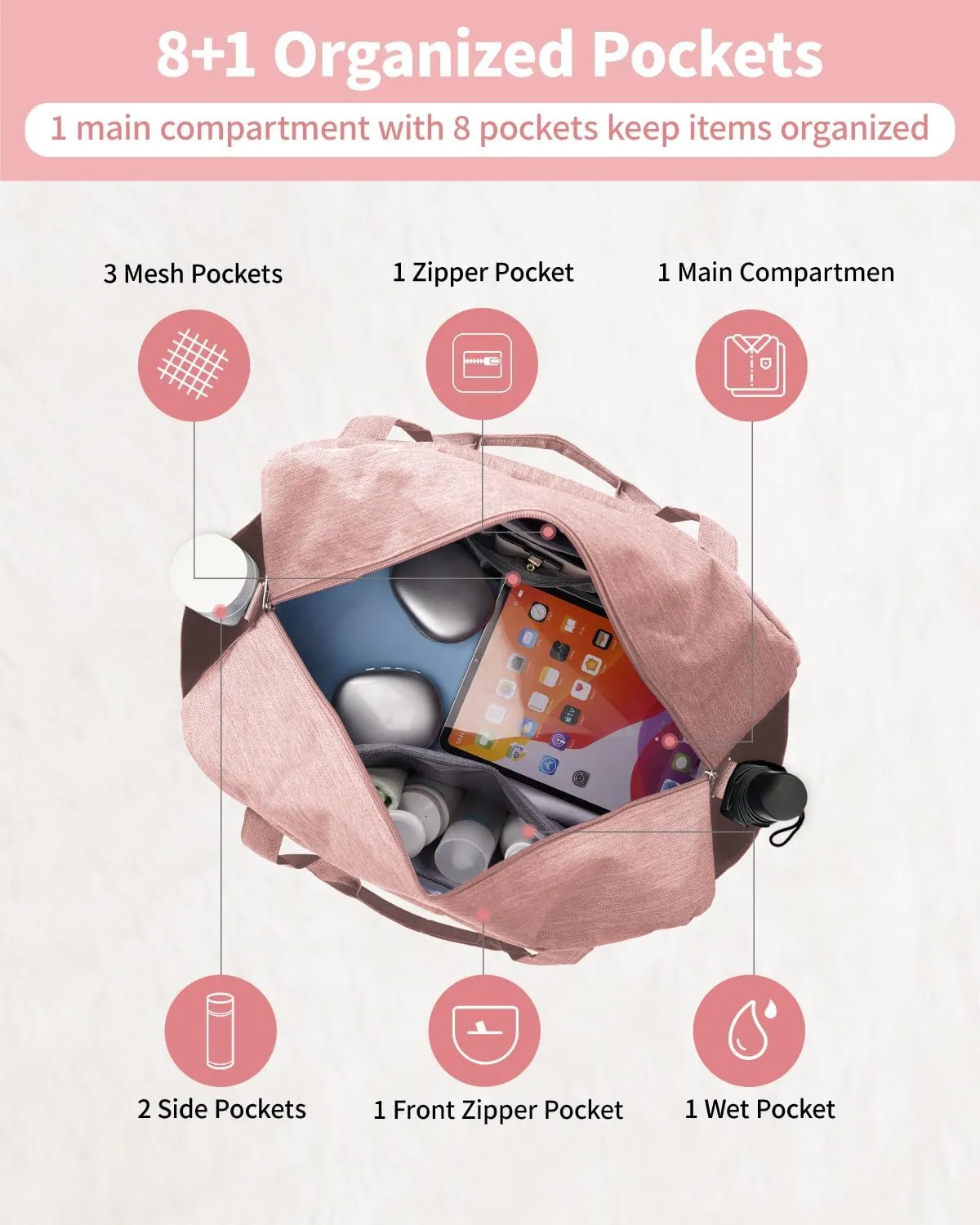 Narwey Carry on Bag 22x14x9 Airlines Approved, Carry on Duffle Bag for Airplane with Wet Pocket, Travel Duffel Bag Luggage Bag Weekender Overnight for Women Men (Pink)