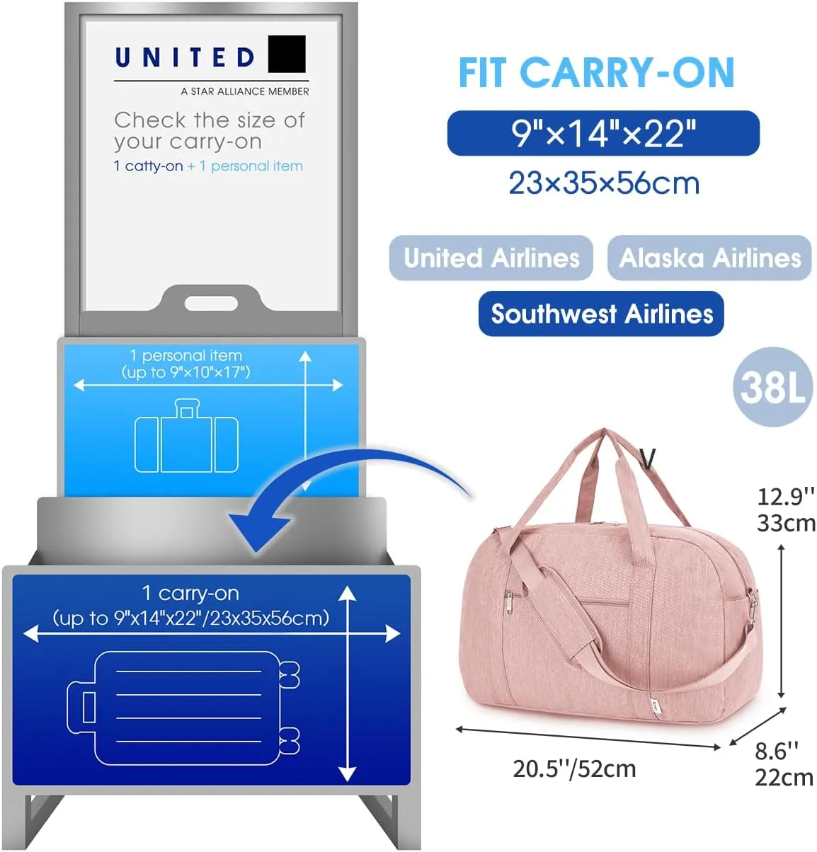 Narwey Carry on Bag 22x14x9 Airlines Approved, Carry on Duffle Bag for Airplane with Wet Pocket, Travel Duffel Bag Luggage Bag Weekender Overnight for Women Men (Pink)