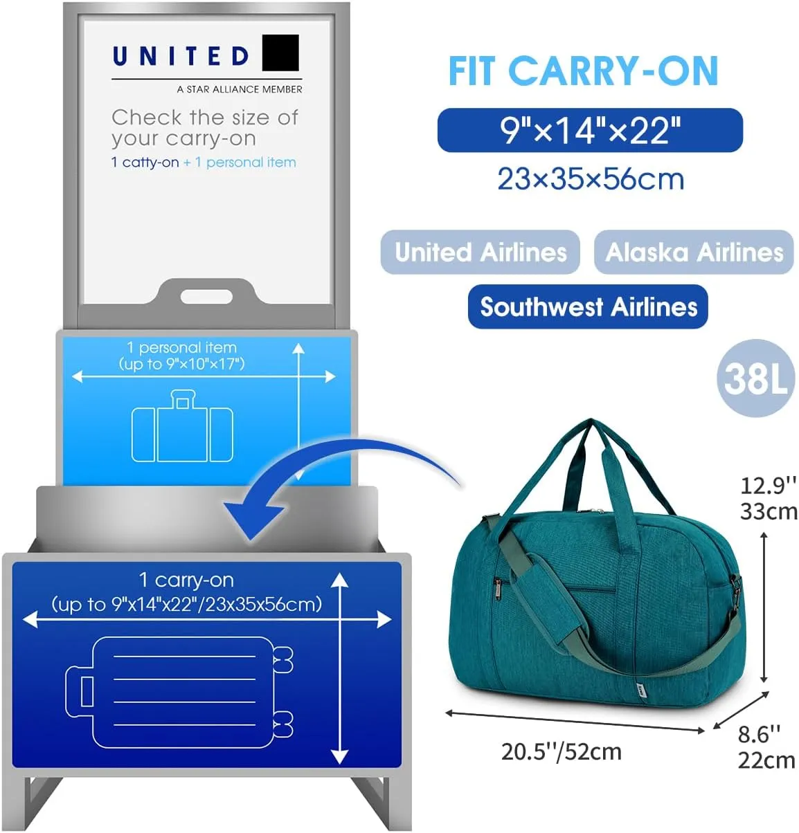 Narwey Carry on Bag 22x14x9 Airlines Approved, Carry on Duffle Bag for Airplane with Wet Pocket, Travel Duffel Bag Luggage Bag Weekender Overnight for Women Men (Teal)