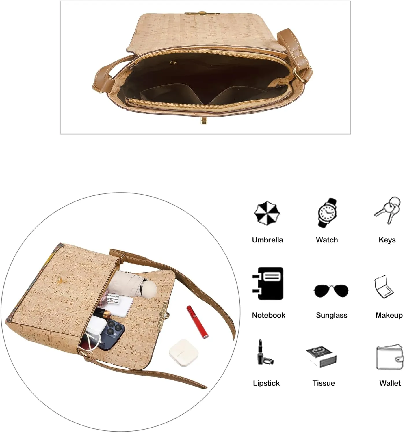 Natural cork zipper Secret key Double latch adjustable shoulder bag purse tote crossbody