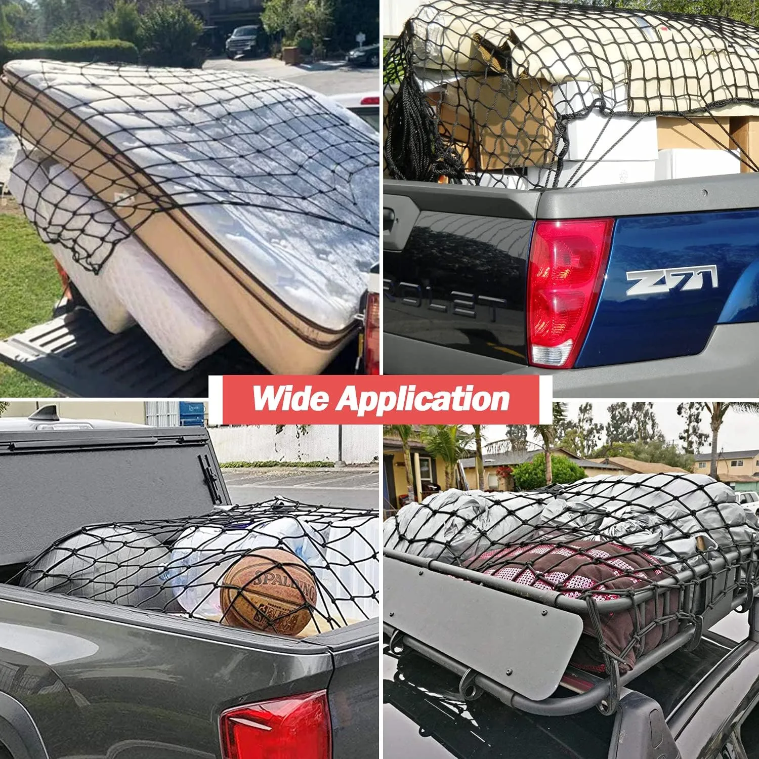 Natural Latex Core Super Duty Cargo Net for Pickup Truck Bed 4'x6' Stretches to 8'x12' | 12 Carabiners   12 Hooks | Small Tight 4”x4” Mesh Bungee Net for Ford, Dodge, Chevy, Toyota, GMC