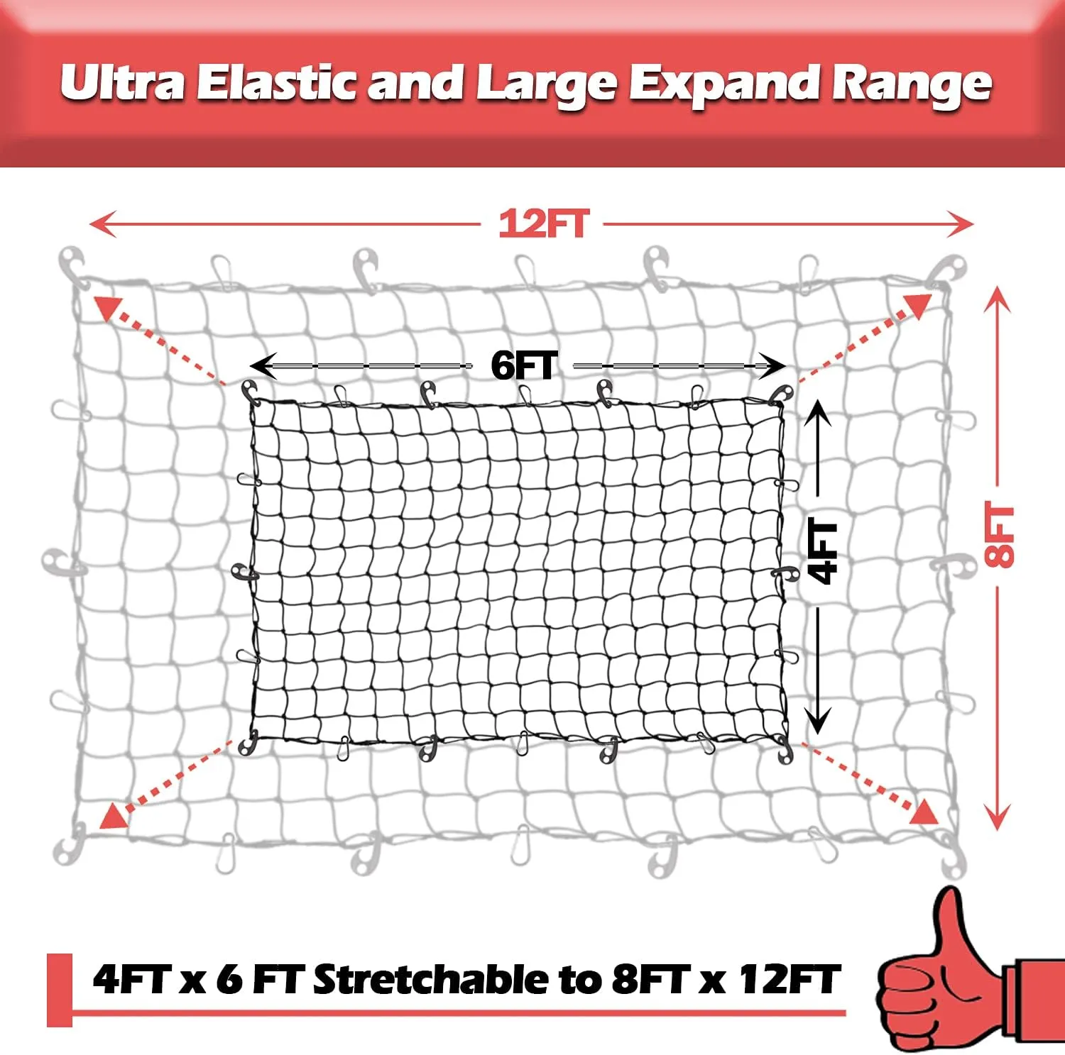 Natural Latex Core Super Duty Cargo Net for Pickup Truck Bed 4'x6' Stretches to 8'x12' | 12 Carabiners   12 Hooks | Small Tight 4”x4” Mesh Bungee Net for Ford, Dodge, Chevy, Toyota, GMC