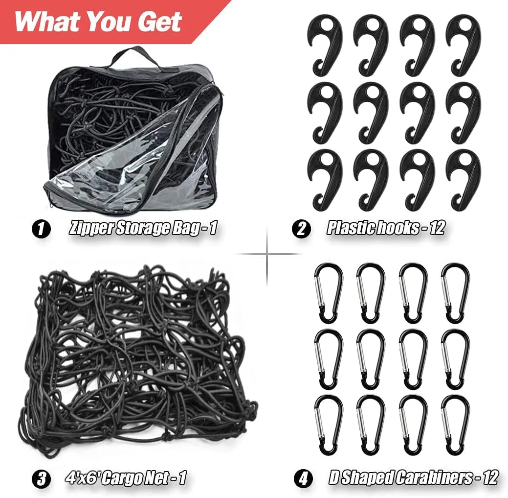 Natural Latex Core Super Duty Cargo Net for Pickup Truck Bed 4'x6' Stretches to 8'x12' | 12 Carabiners   12 Hooks | Small Tight 4”x4” Mesh Bungee Net for Ford, Dodge, Chevy, Toyota, GMC
