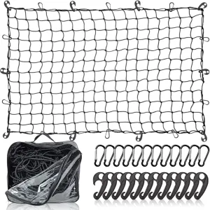 Natural Latex Core Super Duty Cargo Net for Pickup Truck Bed 4'x6' Stretches to 8'x12' | 12 Carabiners   12 Hooks | Small Tight 4”x4” Mesh Bungee Net for Ford, Dodge, Chevy, Toyota, GMC