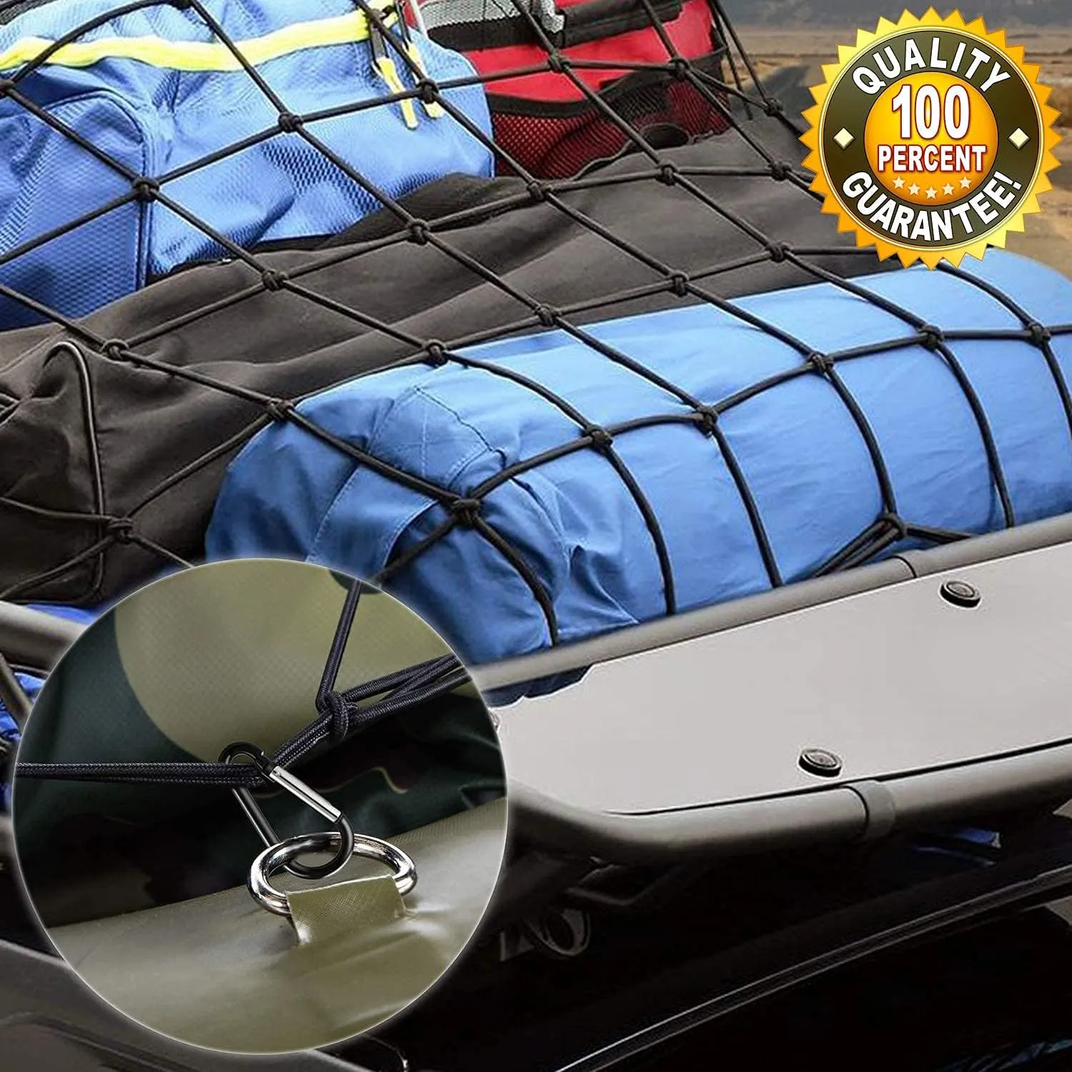Natural Latex Core Super Duty Cargo Net for Pickup Truck Bed 4'x6' Stretches to 8'x12' | 12 Carabiners   12 Hooks | Small Tight 4”x4” Mesh Bungee Net for Ford, Dodge, Chevy, Toyota, GMC