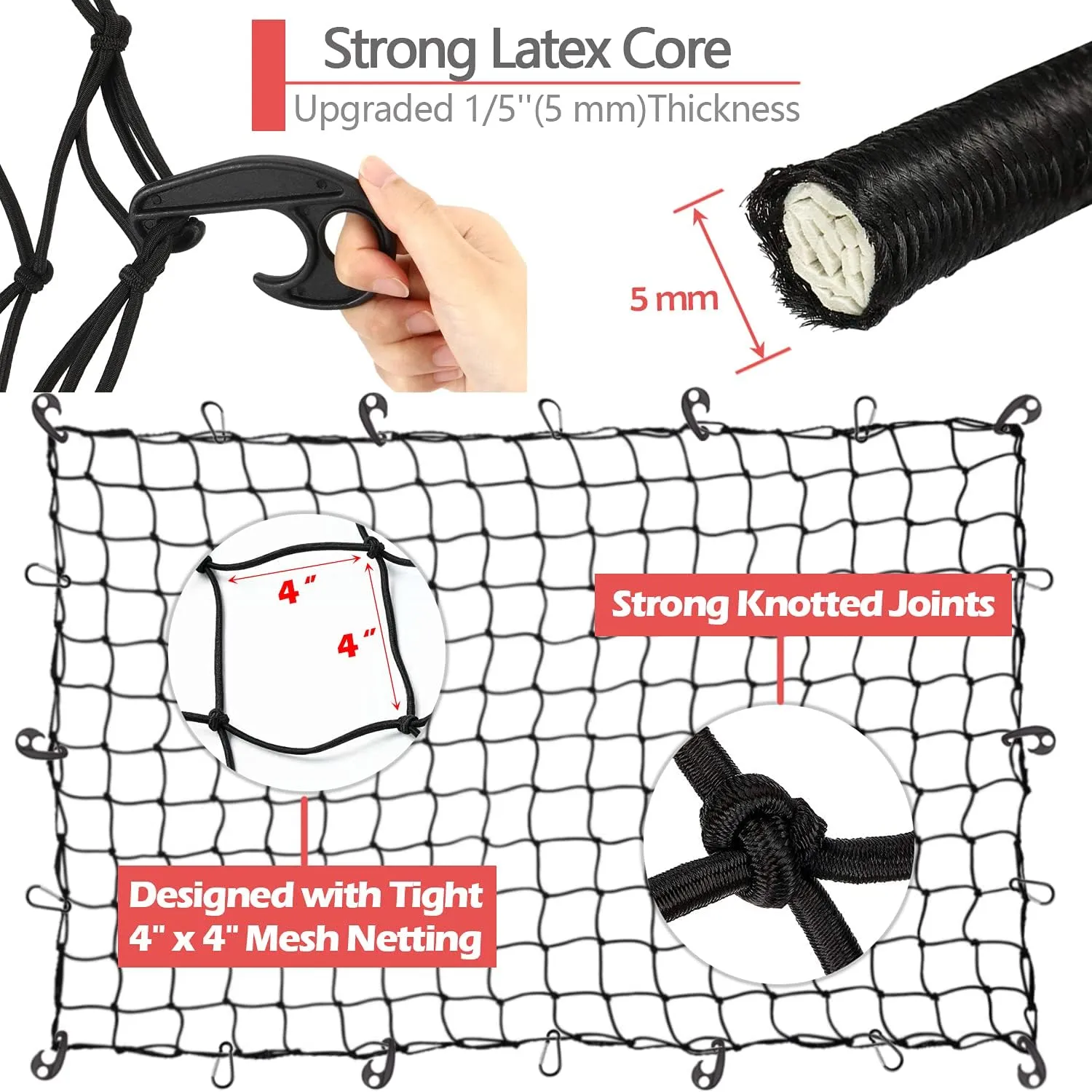 Natural Latex Core Super Duty Cargo Net for Pickup Truck Bed 4'x6' Stretches to 8'x12' | 12 Carabiners   12 Hooks | Small Tight 4”x4” Mesh Bungee Net for Ford, Dodge, Chevy, Toyota, GMC