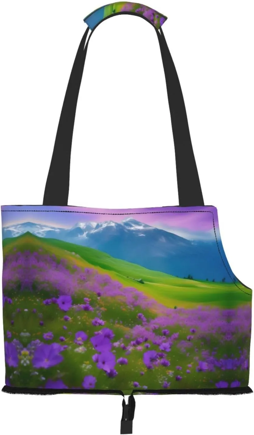 Nature Purple Flowers Meadow Mountain Scenic Print Pet Portable Shoulder Bag, Foldable Pet Bag 13.4 X 6.1 X 10.2 Inches for Subway/Shopping/Hiking