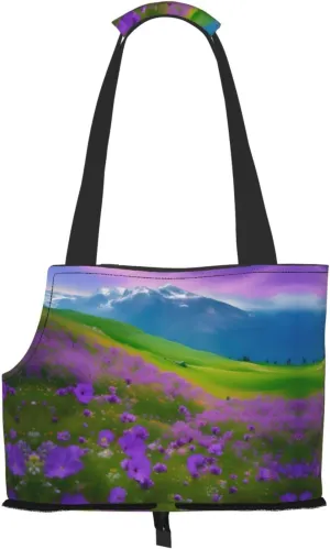 Nature Purple Flowers Meadow Mountain Scenic Print Pet Portable Shoulder Bag, Foldable Pet Bag 13.4 X 6.1 X 10.2 Inches for Subway/Shopping/Hiking