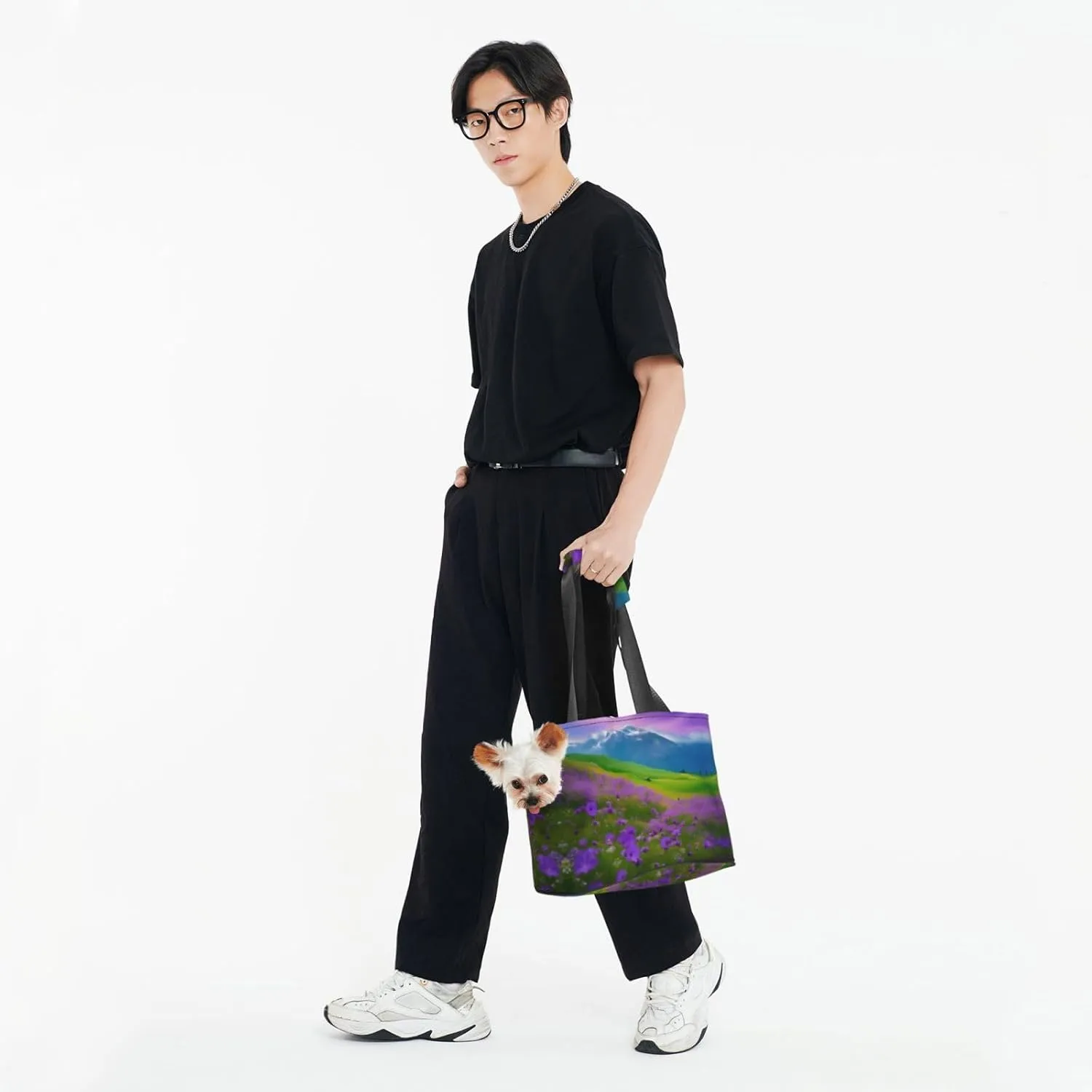 Nature Purple Flowers Meadow Mountain Scenic Print Pet Portable Shoulder Bag, Foldable Pet Bag 13.4 X 6.1 X 10.2 Inches for Subway/Shopping/Hiking
