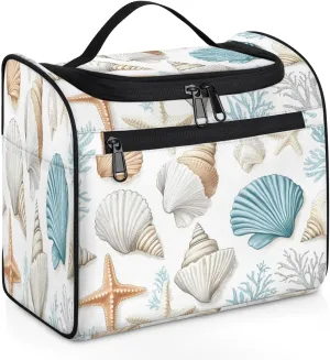 Nautical Coastal Travel Toiletry Bag for Women Large Capacity Wide-open Makeup Organizer Cosmetic Travel Bags for Toiletries, Curtain Starfish Seashell Coral