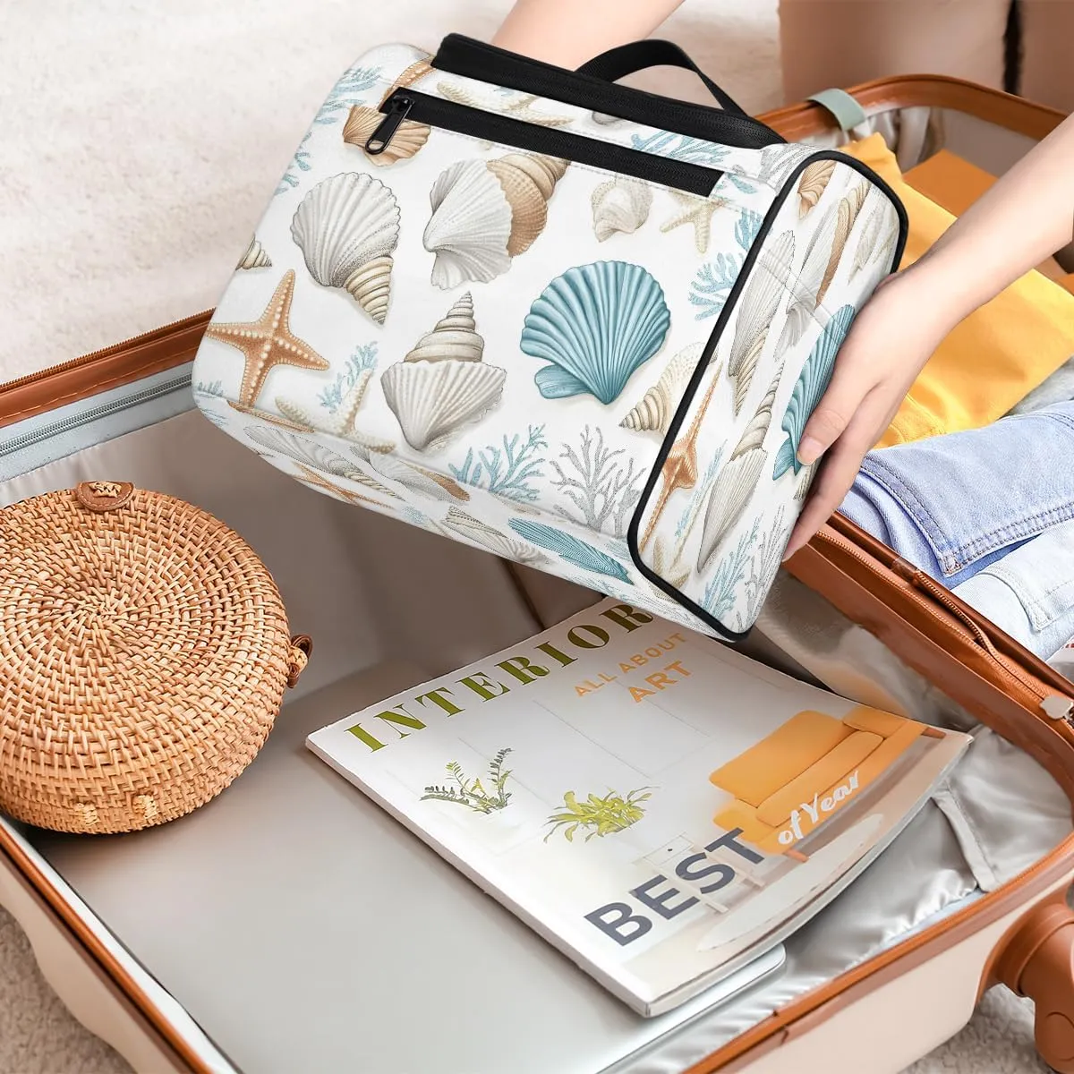 Nautical Coastal Travel Toiletry Bag for Women Large Capacity Wide-open Makeup Organizer Cosmetic Travel Bags for Toiletries, Curtain Starfish Seashell Coral