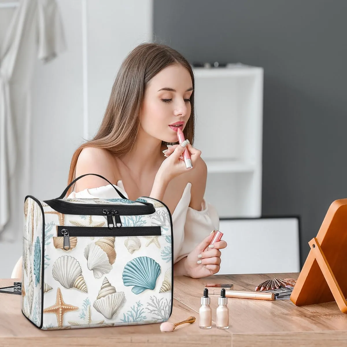 Nautical Coastal Travel Toiletry Bag for Women Large Capacity Wide-open Makeup Organizer Cosmetic Travel Bags for Toiletries, Curtain Starfish Seashell Coral