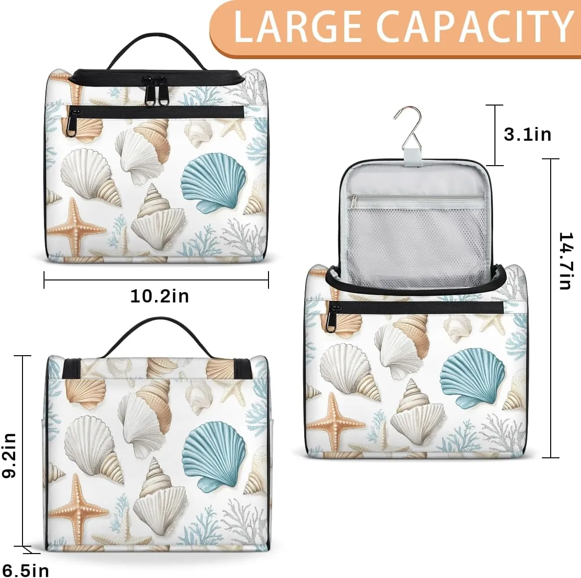 Nautical Coastal Travel Toiletry Bag for Women Large Capacity Wide-open Makeup Organizer Cosmetic Travel Bags for Toiletries, Curtain Starfish Seashell Coral