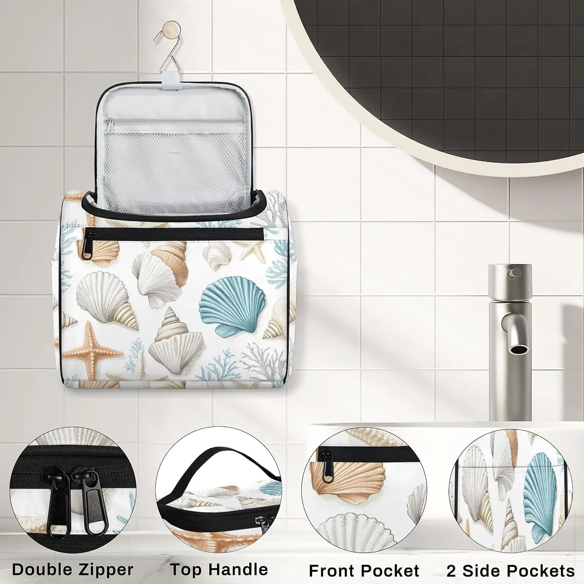 Nautical Coastal Travel Toiletry Bag for Women Large Capacity Wide-open Makeup Organizer Cosmetic Travel Bags for Toiletries, Curtain Starfish Seashell Coral