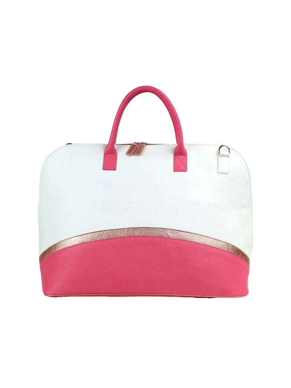 Nautical Leather Duffle Bag | Handmade to Order in Italy, Soft Pebble-Grain Waterproof Leather | Travel Sporty Duffel Bag Shoulder Strap Included | Elegant Luxury Travel Handbag (White/Pink/Gold)