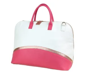Nautical Leather Duffle Bag | Handmade to Order in Italy, Soft Pebble-Grain Waterproof Leather | Travel Sporty Duffel Bag Shoulder Strap Included | Elegant Luxury Travel Handbag (White/Pink/Gold)