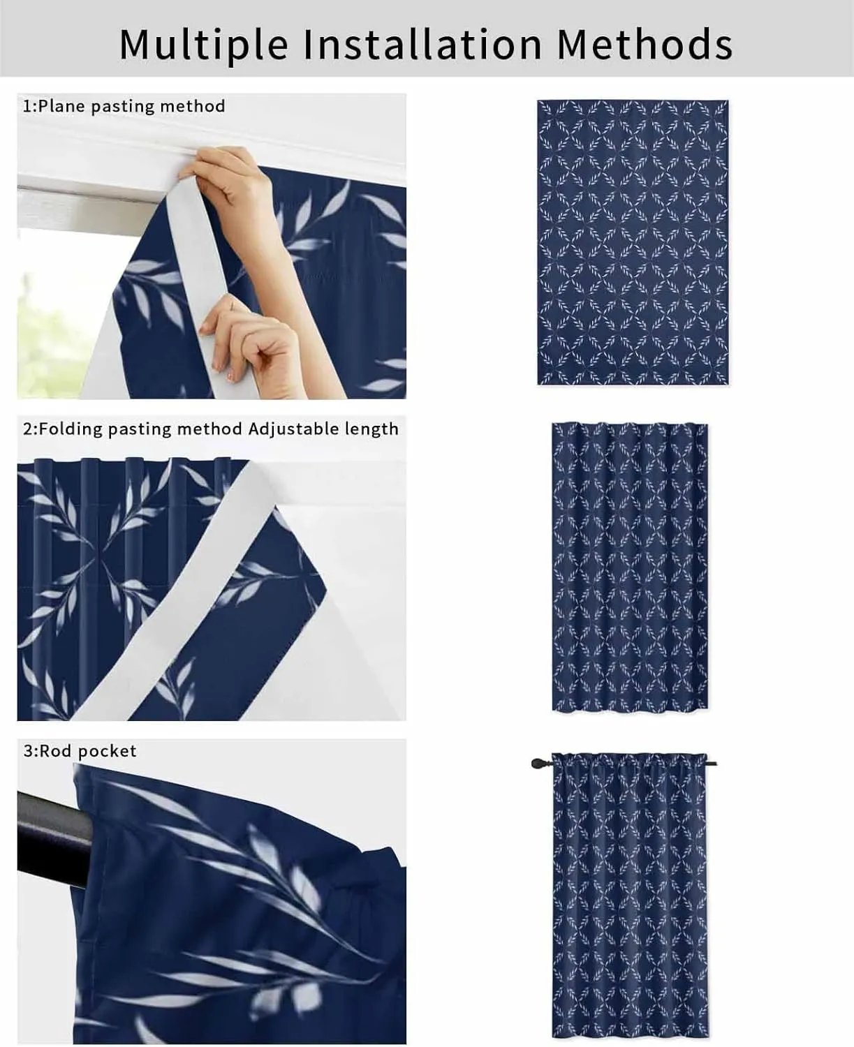 Navy Blue Self Adhesive Blackout Curtains with Tiebacks,Portable Rod Pocket Living Room Darkening Curtains,Geometric Leaf Diamond Plaid Abstract Check Thermal Insulated Windows Cover,59Wx84H