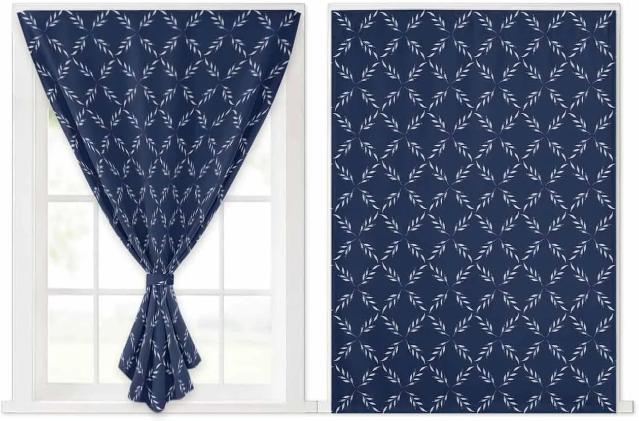 Navy Blue Self Adhesive Blackout Curtains with Tiebacks,Portable Rod Pocket Living Room Darkening Curtains,Geometric Leaf Diamond Plaid Abstract Check Thermal Insulated Windows Cover,59Wx84H