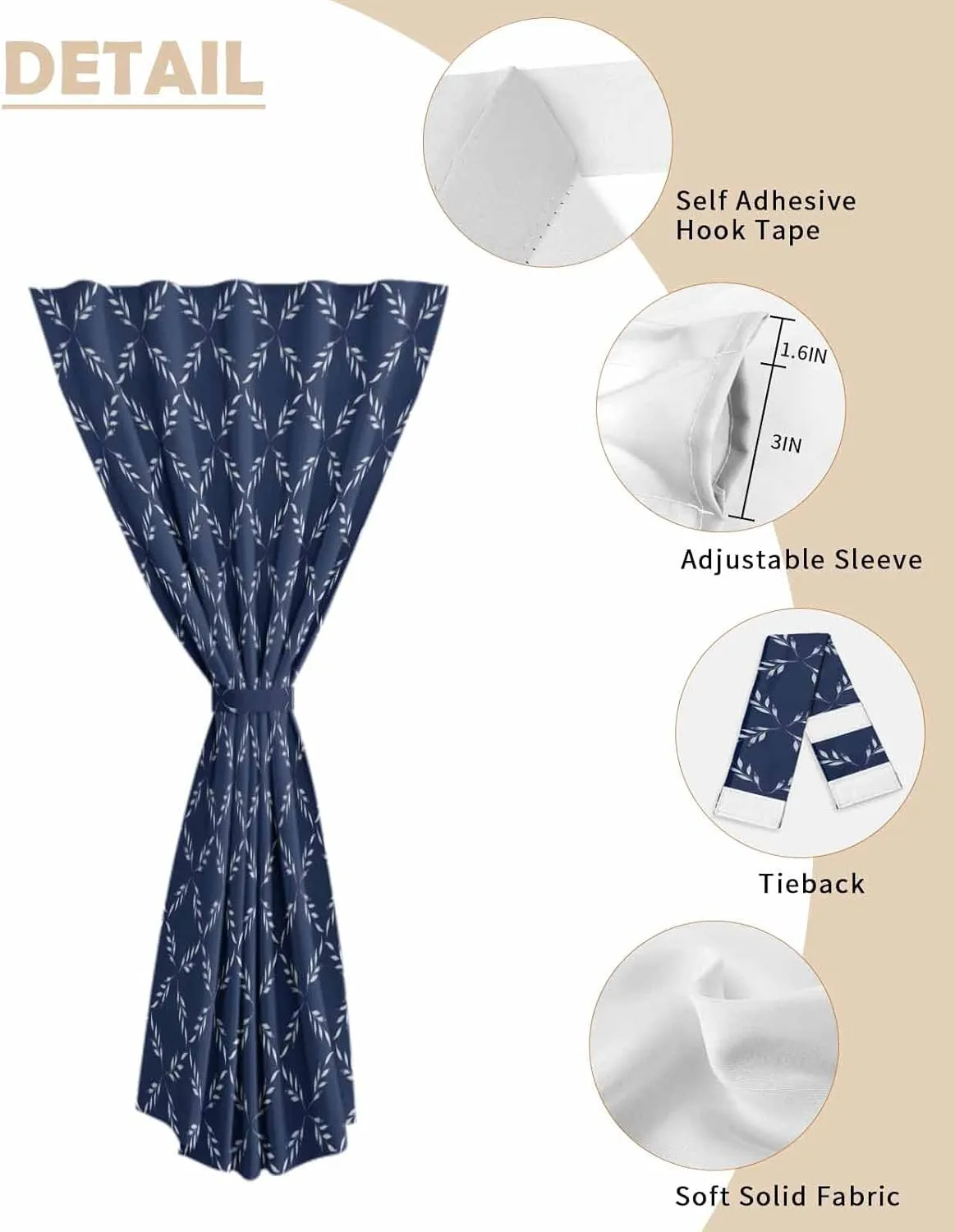 Navy Blue Self Adhesive Blackout Curtains with Tiebacks,Portable Rod Pocket Living Room Darkening Curtains,Geometric Leaf Diamond Plaid Abstract Check Thermal Insulated Windows Cover,59Wx84H
