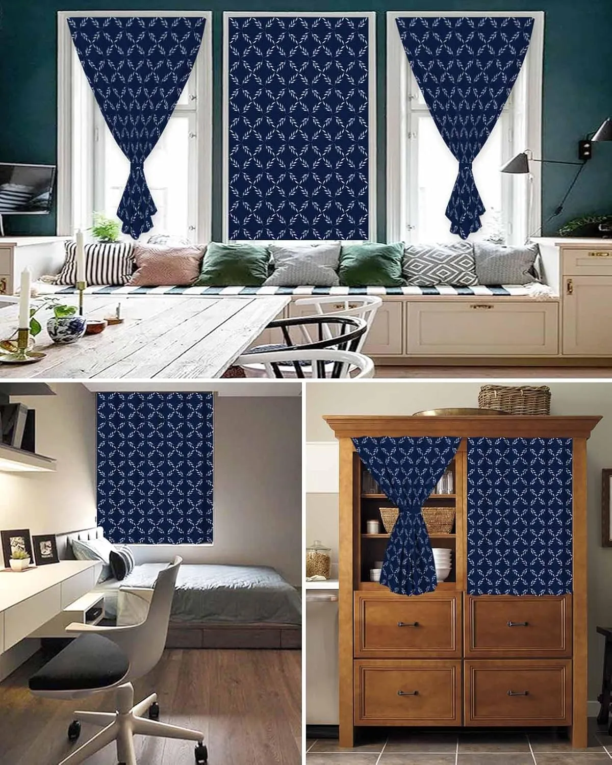 Navy Blue Self Adhesive Blackout Curtains with Tiebacks,Portable Rod Pocket Living Room Darkening Curtains,Geometric Leaf Diamond Plaid Abstract Check Thermal Insulated Windows Cover,59Wx84H
