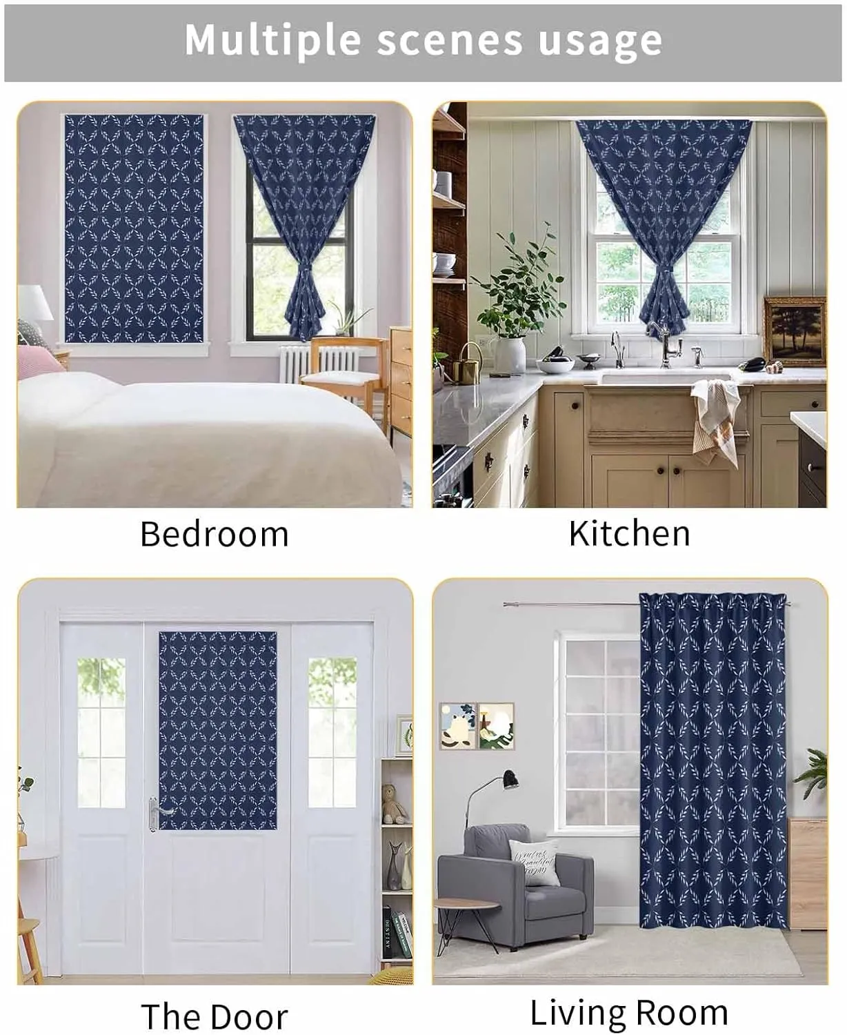 Navy Blue Self Adhesive Blackout Curtains with Tiebacks,Portable Rod Pocket Living Room Darkening Curtains,Geometric Leaf Diamond Plaid Abstract Check Thermal Insulated Windows Cover,59Wx84H