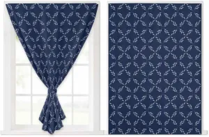 Navy Blue Self Adhesive Blackout Curtains with Tiebacks,Portable Rod Pocket Living Room Darkening Curtains,Geometric Leaf Diamond Plaid Abstract Check Thermal Insulated Windows Cover,59Wx84H