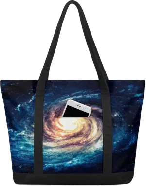 Nebulae Galaxies Tote Bag Tote Bag for Women Reusable Grocery Shopping Cloth Bags with Zipper Large Capacity Foldable Handbag Gym Bag for Gift Activity