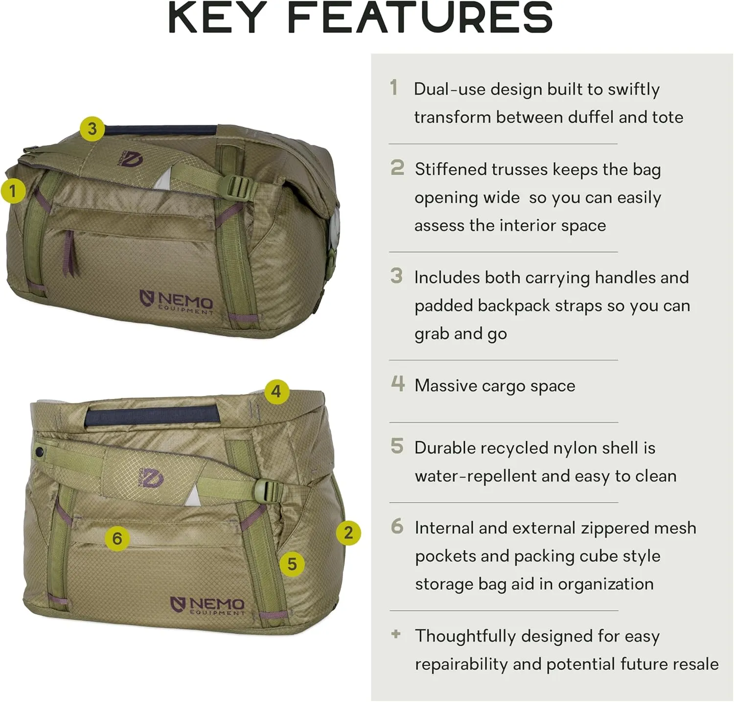 NEMO Equipment Double Haul Convertible Duffel & Tote Bag – Water-Resistant Gear Bag with Backpack Straps - 30L - Nova