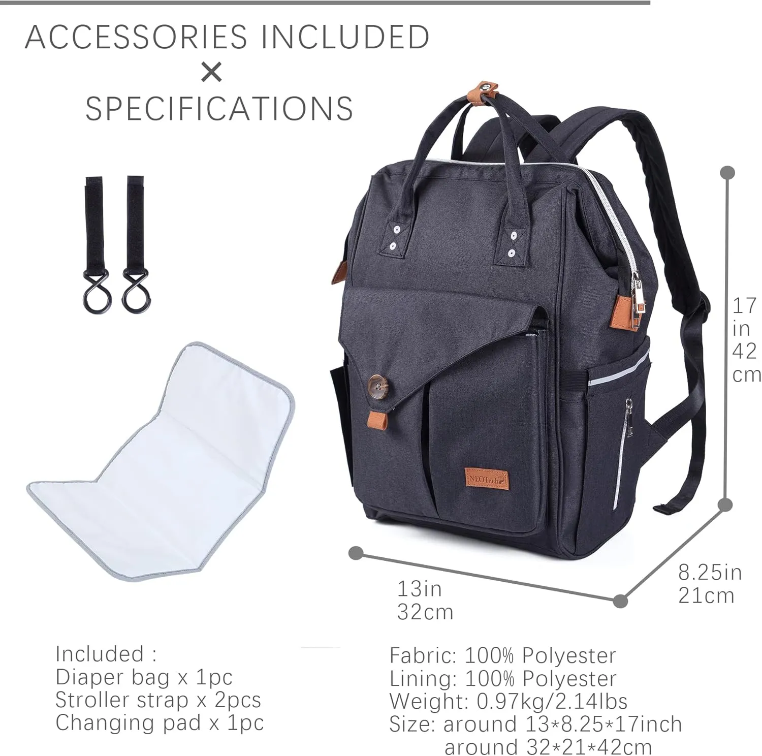 NeoTech Care Diaper Bag Backpack for Baby Girl/Boy, Wide Opening, Multifunction Organizing Pockets (Black)