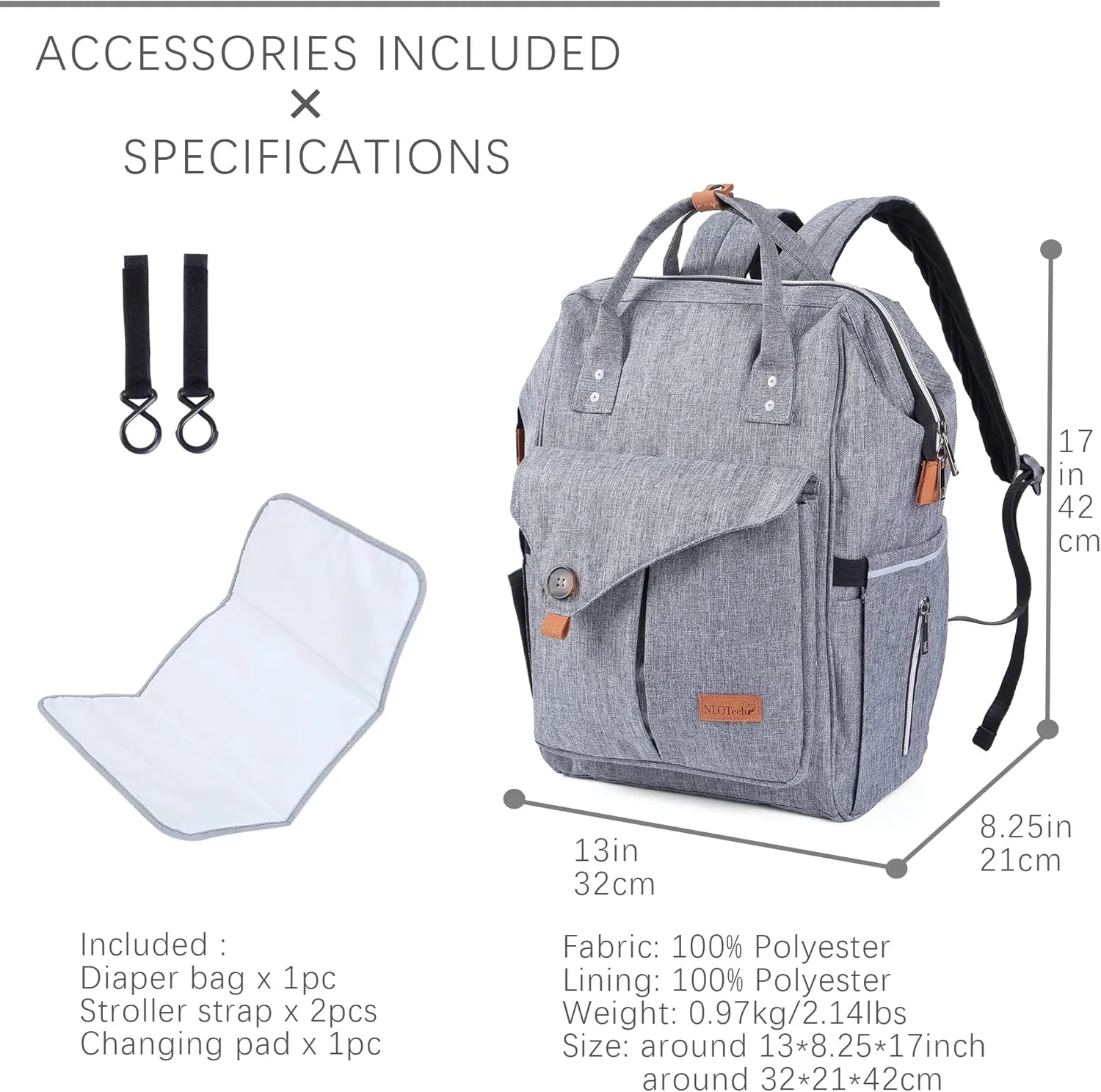 NeoTech Care Diaper Bag Backpack for Baby Girl/Boy, Wide Opening, Multifunction Organizing Pockets (Gray)