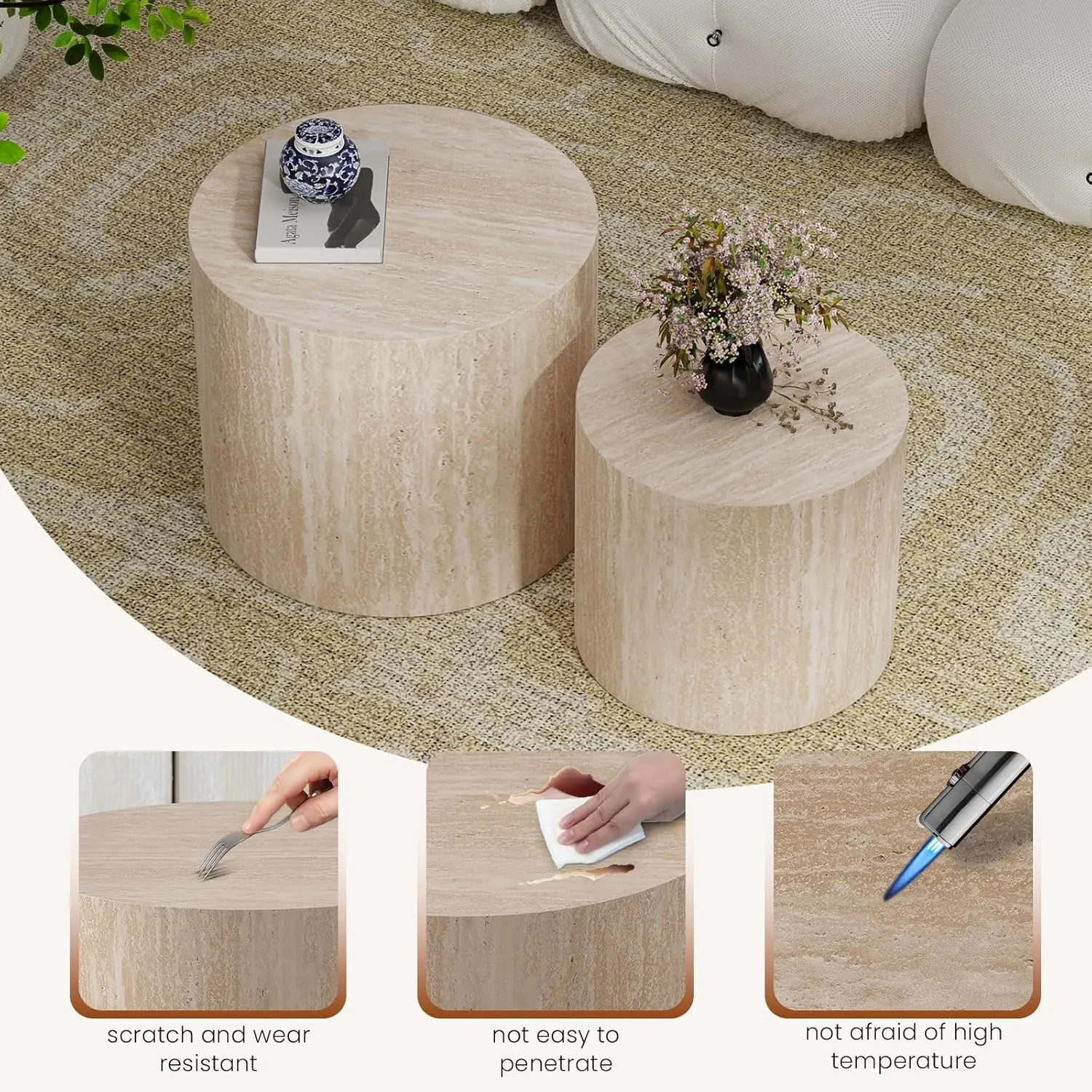 Nesting Coffee Tables Set of 2 Wooden Round Coffee Table Circle Nested Table Modern Coffee Table Round Accent Tables Set for Living Room Bedroom Office (Light Wood Color D18.1 D14.6“)