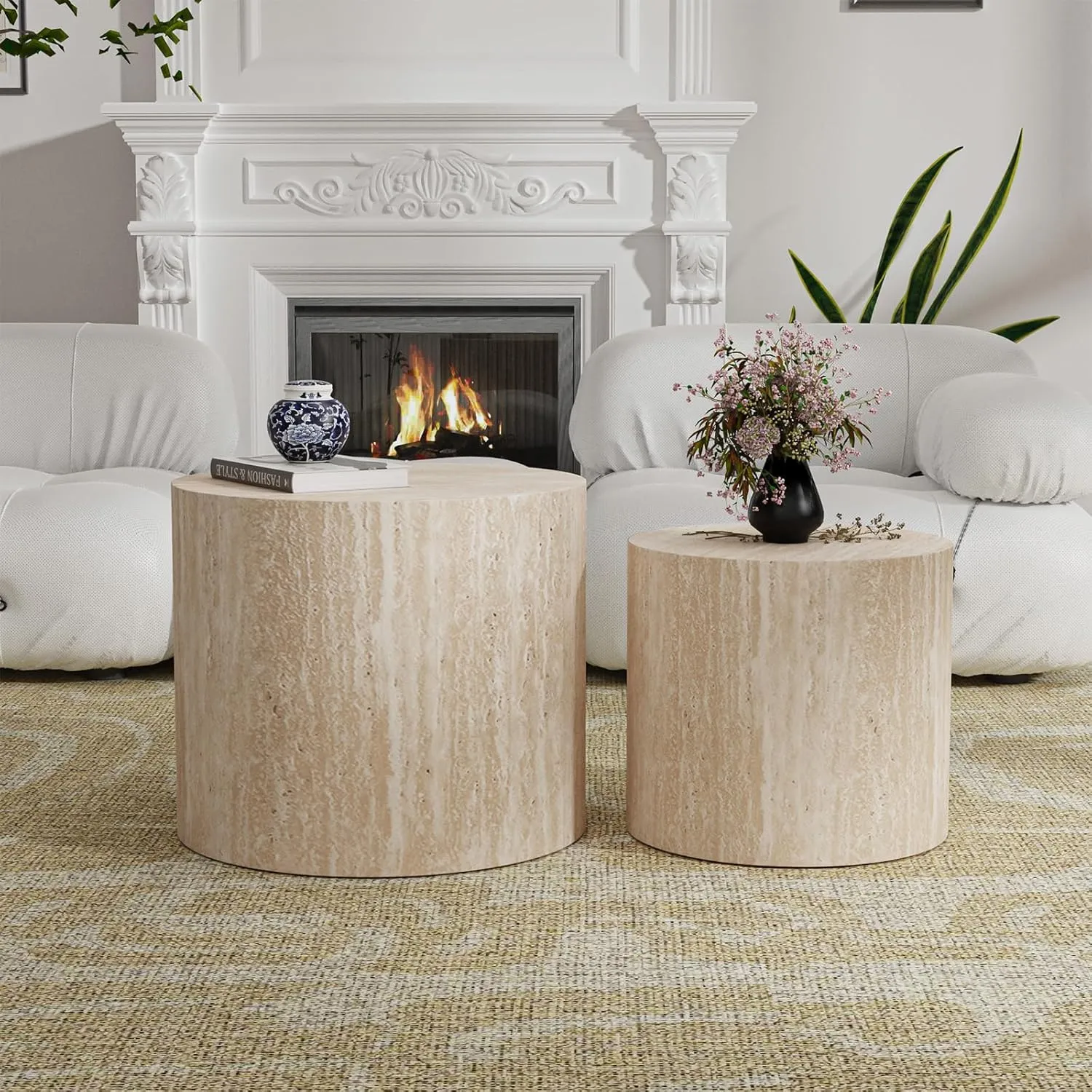 Nesting Coffee Tables Set of 2 Wooden Round Coffee Table Circle Nested Table Modern Coffee Table Round Accent Tables Set for Living Room Bedroom Office (Light Wood Color D18.1 D14.6“)