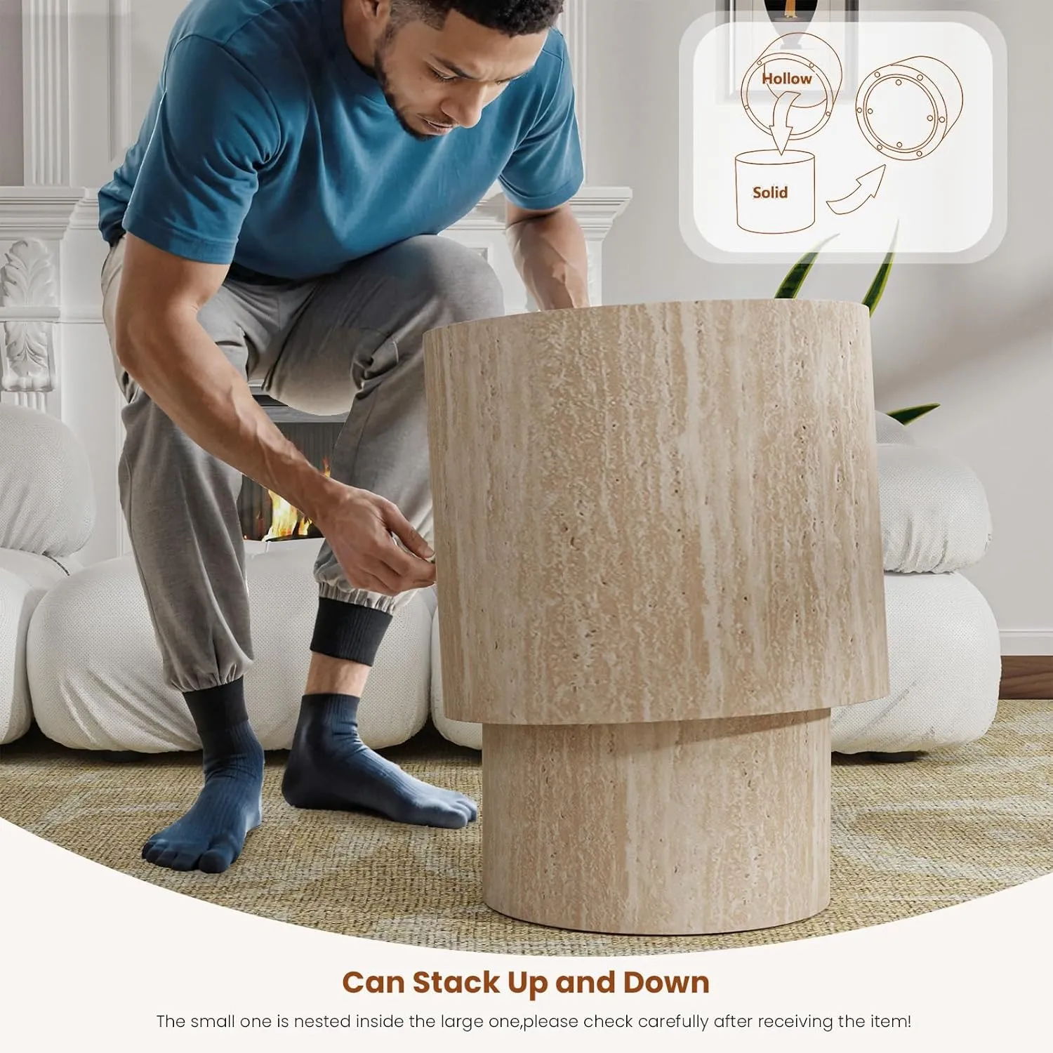 Nesting Coffee Tables Set of 2 Wooden Round Coffee Table Circle Nested Table Modern Coffee Table Round Accent Tables Set for Living Room Bedroom Office (Light Wood Color D18.1 D14.6“)