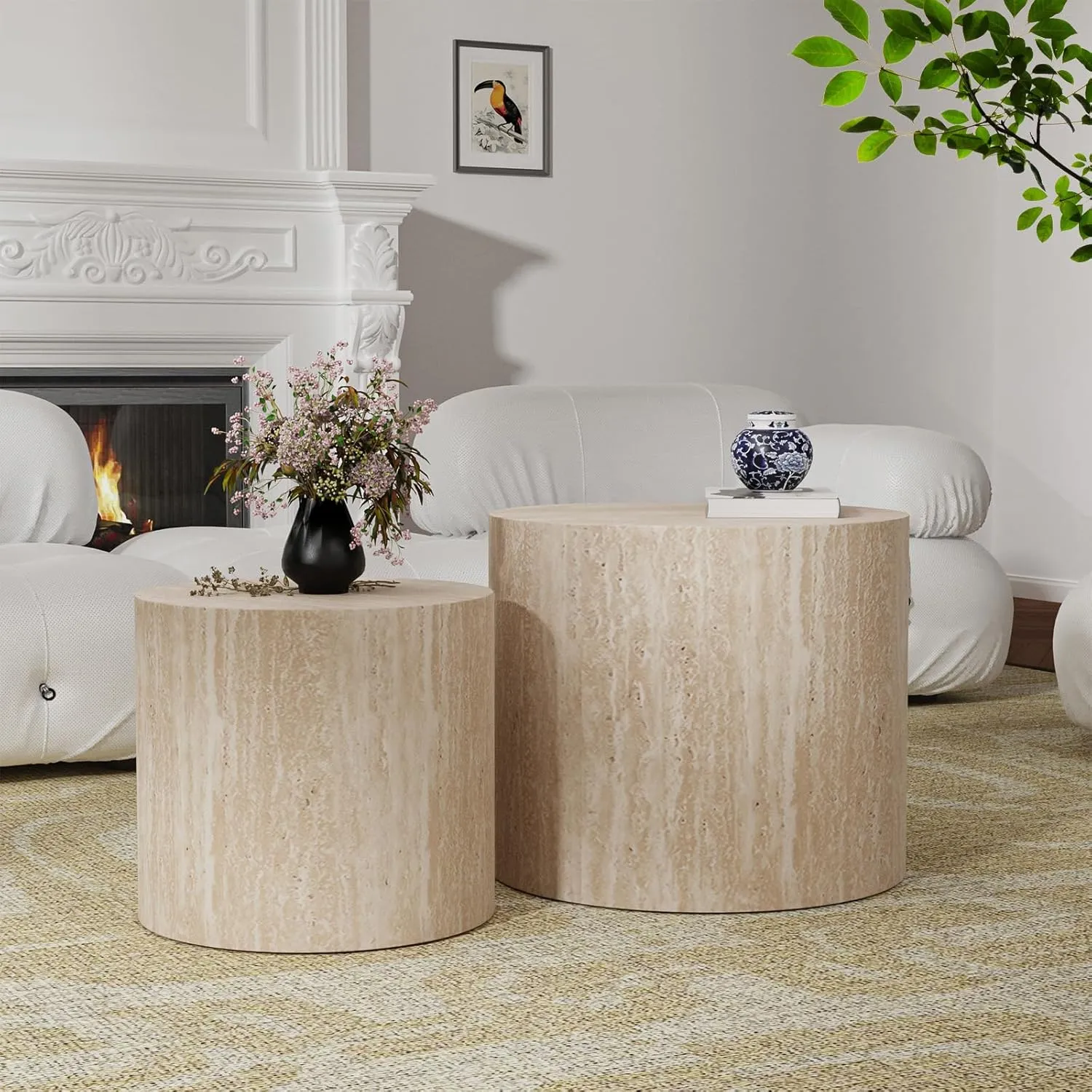Nesting Coffee Tables Set of 2 Wooden Round Coffee Table Circle Nested Table Modern Coffee Table Round Accent Tables Set for Living Room Bedroom Office (Light Wood Color D18.1 D14.6“)