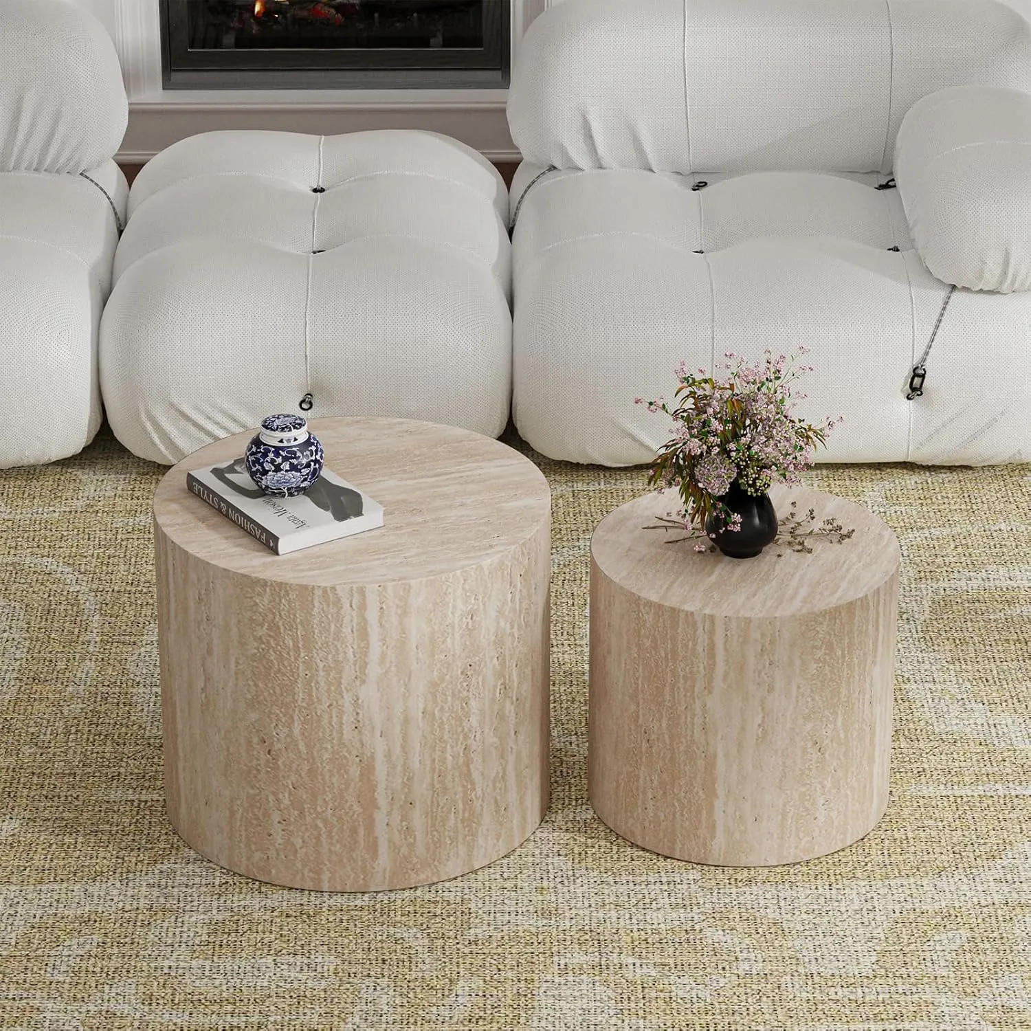 Nesting Coffee Tables Set of 2 Wooden Round Coffee Table Circle Nested Table Modern Coffee Table Round Accent Tables Set for Living Room Bedroom Office (Light Wood Color D18.1 D14.6“)