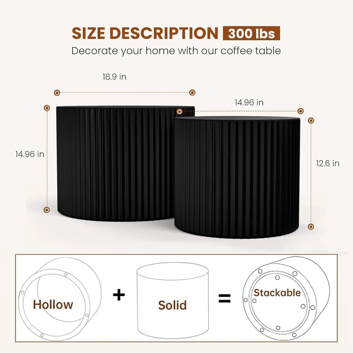 Nesting Coffee Tables Set of 2 Wooden Round Coffee Table Circle Nesting Table Space-Saving Design Modern Coffee Table Round Accent Tables Set for Living Room Bedroom Office (Black D18.9 D15)