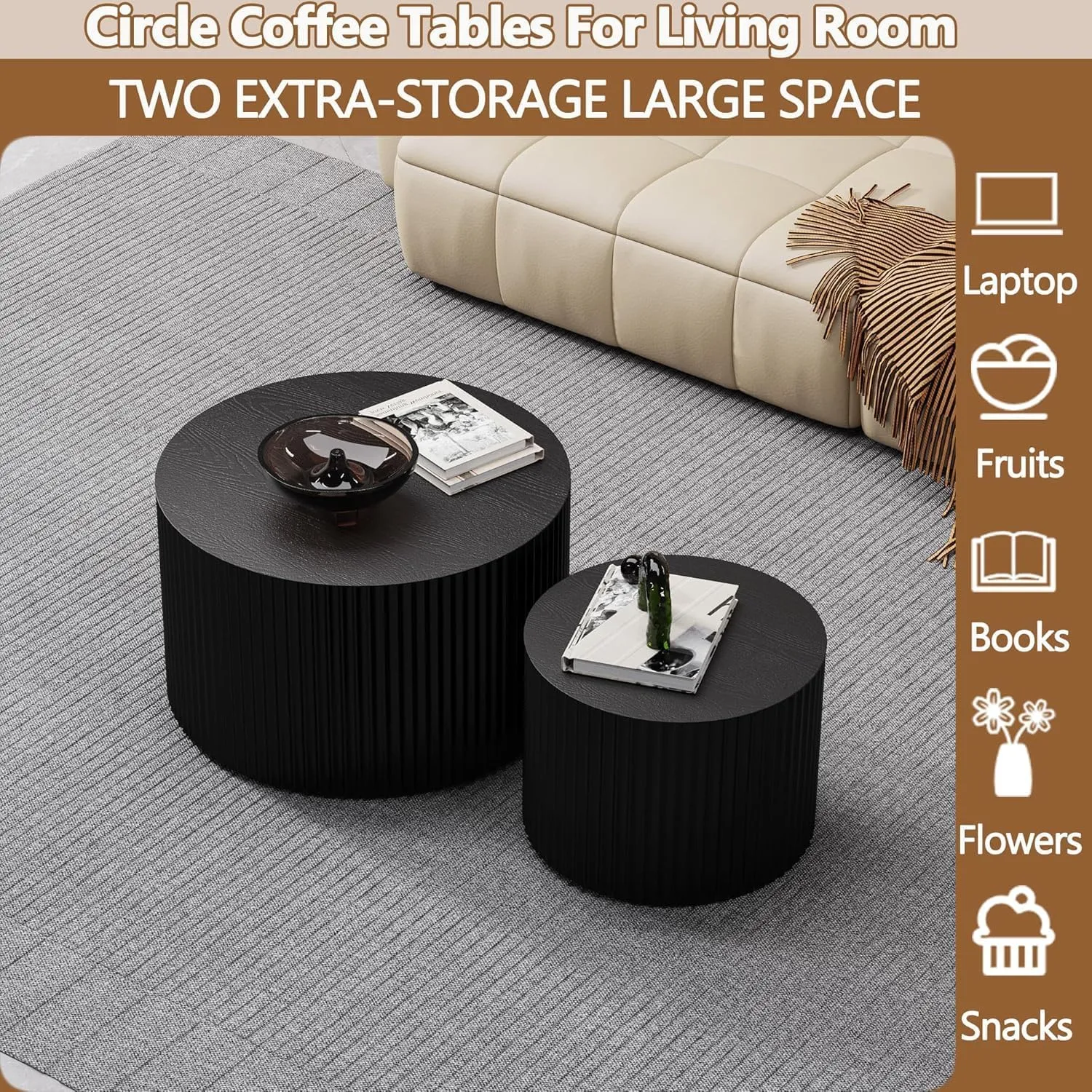 Nesting Coffee Tables Set of 2 Wooden Round Coffee Table Circle Nesting Table Space-Saving Design Modern Coffee Table Round Accent Tables Set for Living Room Bedroom Office (Black D18.9 D15)