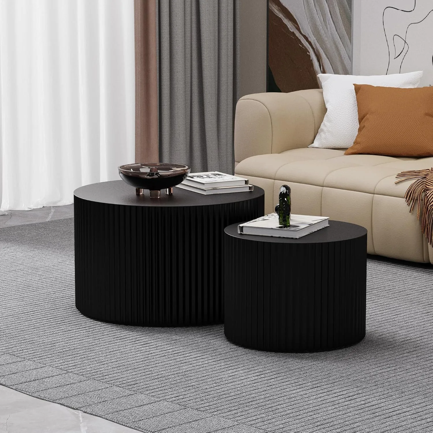 Nesting Coffee Tables Set of 2 Wooden Round Coffee Table Circle Nesting Table Space-Saving Design Modern Coffee Table Round Accent Tables Set for Living Room Bedroom Office (Black D18.9 D15)