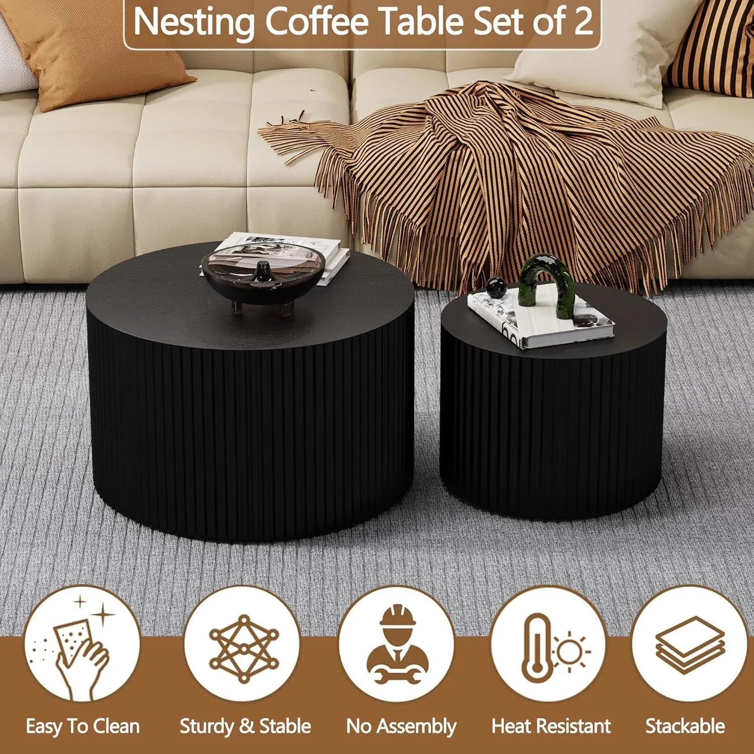 Nesting Coffee Tables Set of 2 Wooden Round Coffee Table Circle Nesting Table Space-Saving Design Modern Coffee Table Round Accent Tables Set for Living Room Bedroom Office (Black D18.9 D15)