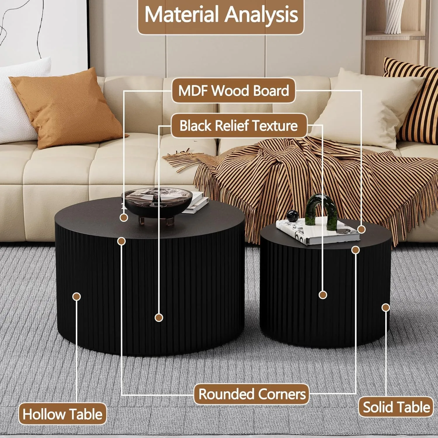 Nesting Coffee Tables Set of 2 Wooden Round Coffee Table Circle Nesting Table Space-Saving Design Modern Coffee Table Round Accent Tables Set for Living Room Bedroom Office (Black D18.9 D15)