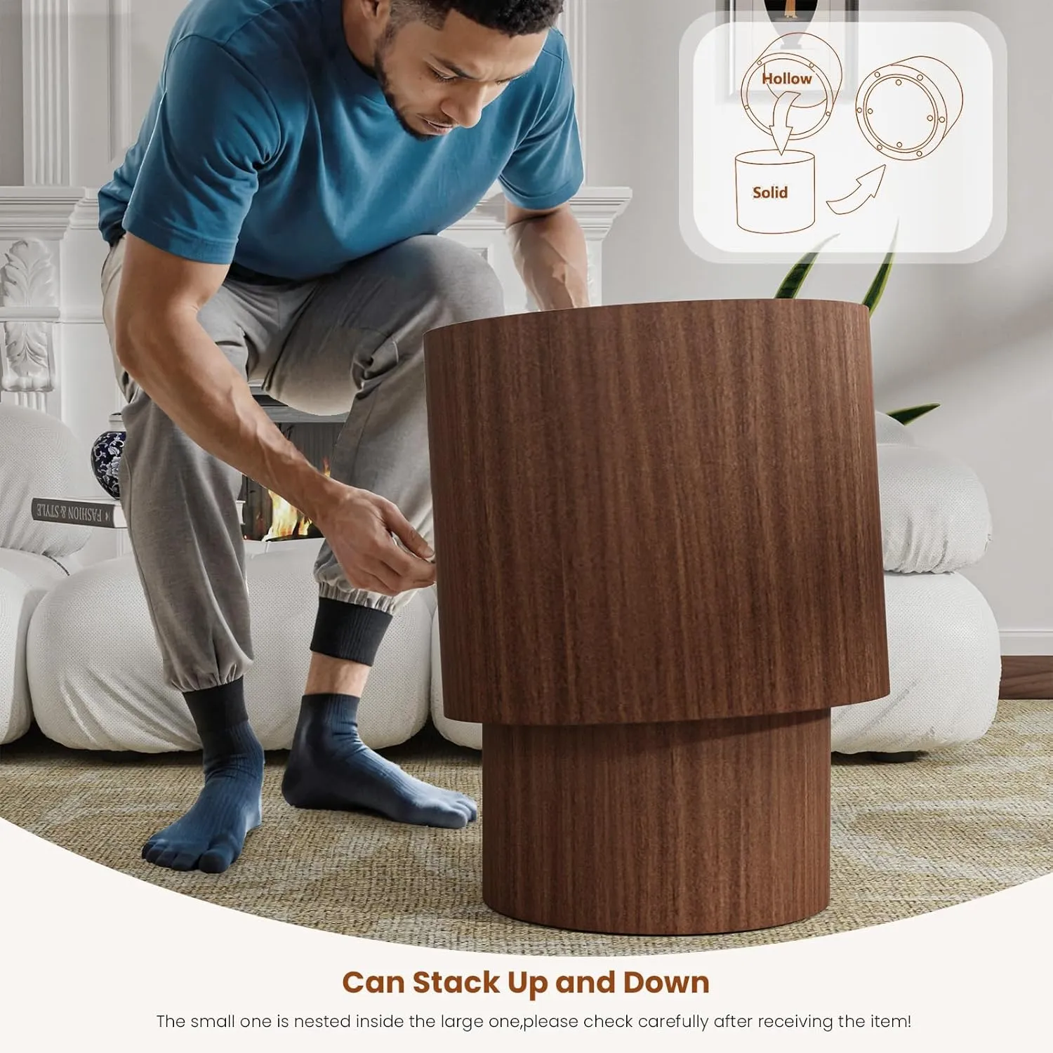 Nesting Coffee Tables Set of 2 Wooden Round Coffee Table Circle Nesting Table Space-Saving Design Modern Coffee Table Round Accent Tables Set for Living Room Bedroom Office (Brown A D18.1 D14.6“)