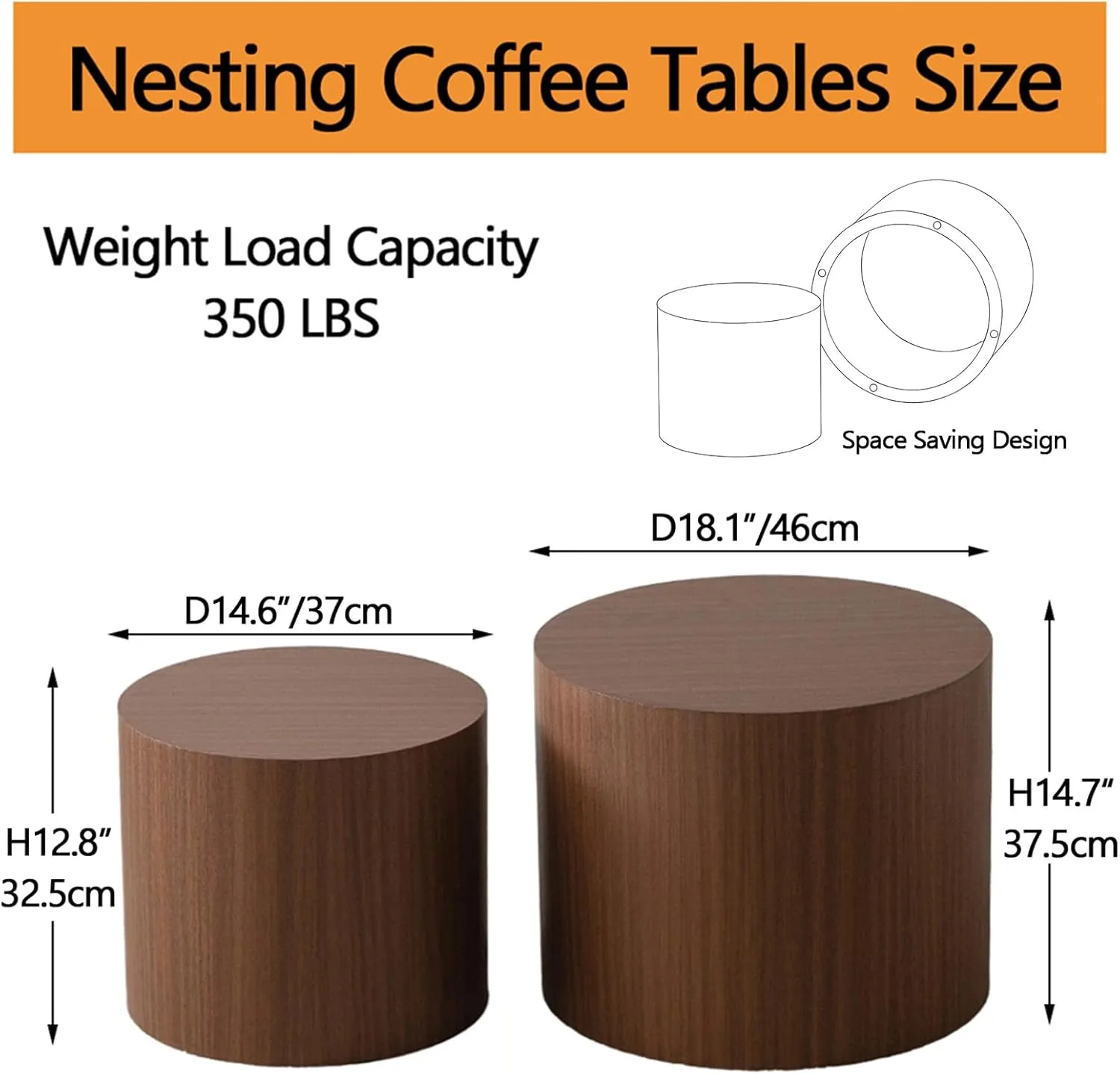 Nesting Coffee Tables Set of 2 Wooden Round Coffee Table Circle Nesting Table Space-Saving Design Modern Coffee Table Round Accent Tables Set for Living Room Bedroom Office (Brown A D18.1 D14.6“)